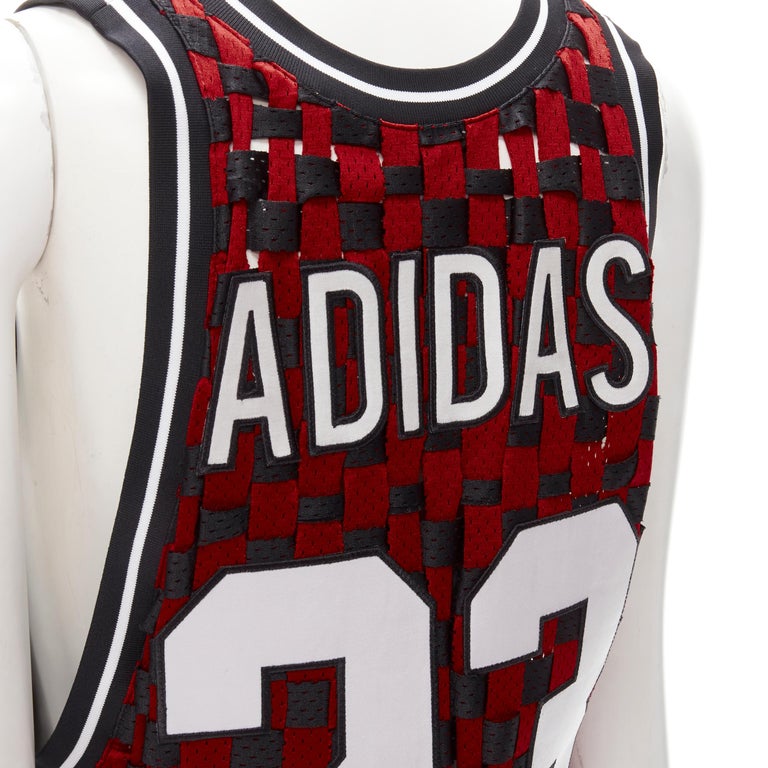 rare JEREMY SCOTT ADIDAS 23 black red deconstructed weaved basketball jersey  XS For Sale at 1stDibs