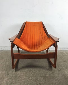 Rare Jerry Johnson Midcentury Walnut Sling Rocking Chair, 1960s