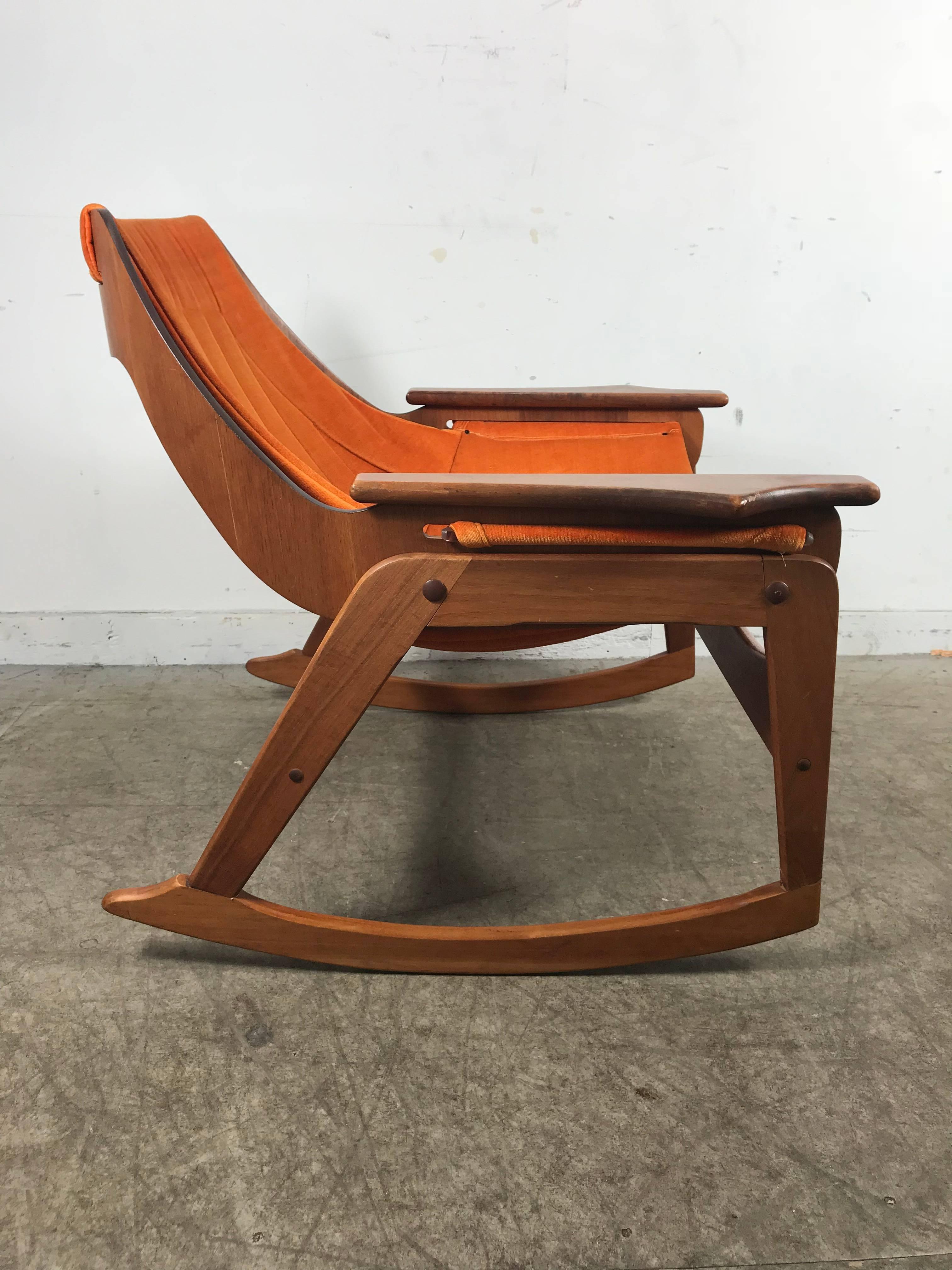 American Rare Jerry Johnson Midcentury Walnut Sling Rocking Chair, 1960s
