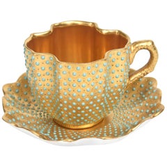 Rare Jeweled All-Over Gilt Demi Tasse Cup & Saucer, Coalport England, circa 1905