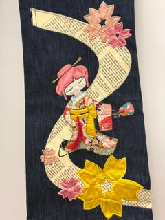 Rare John Galliano S/S 2006 Geisha Appliqué Newspaper Archival Denim jeans