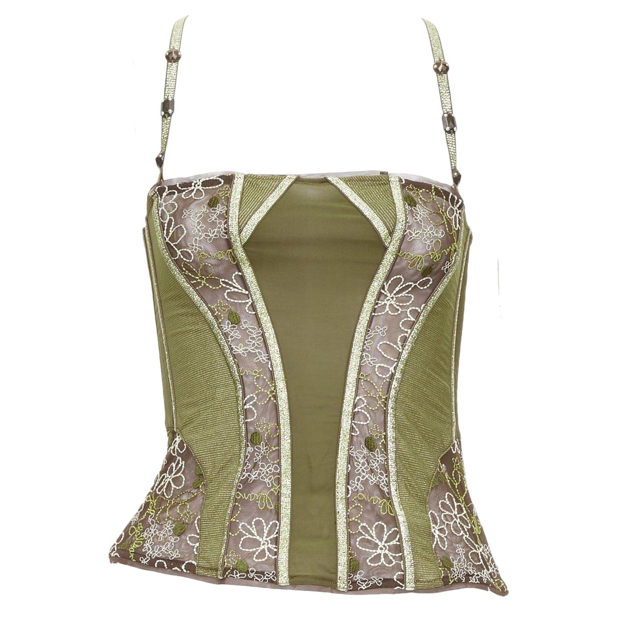 raro JOHN GALLIANO Vintage Greene & Greene Greene con pizzo disossato bustier top S