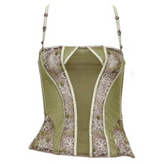 rare JOHN GALLIANO Vintage green gold sheer lace boned bustier corset top S