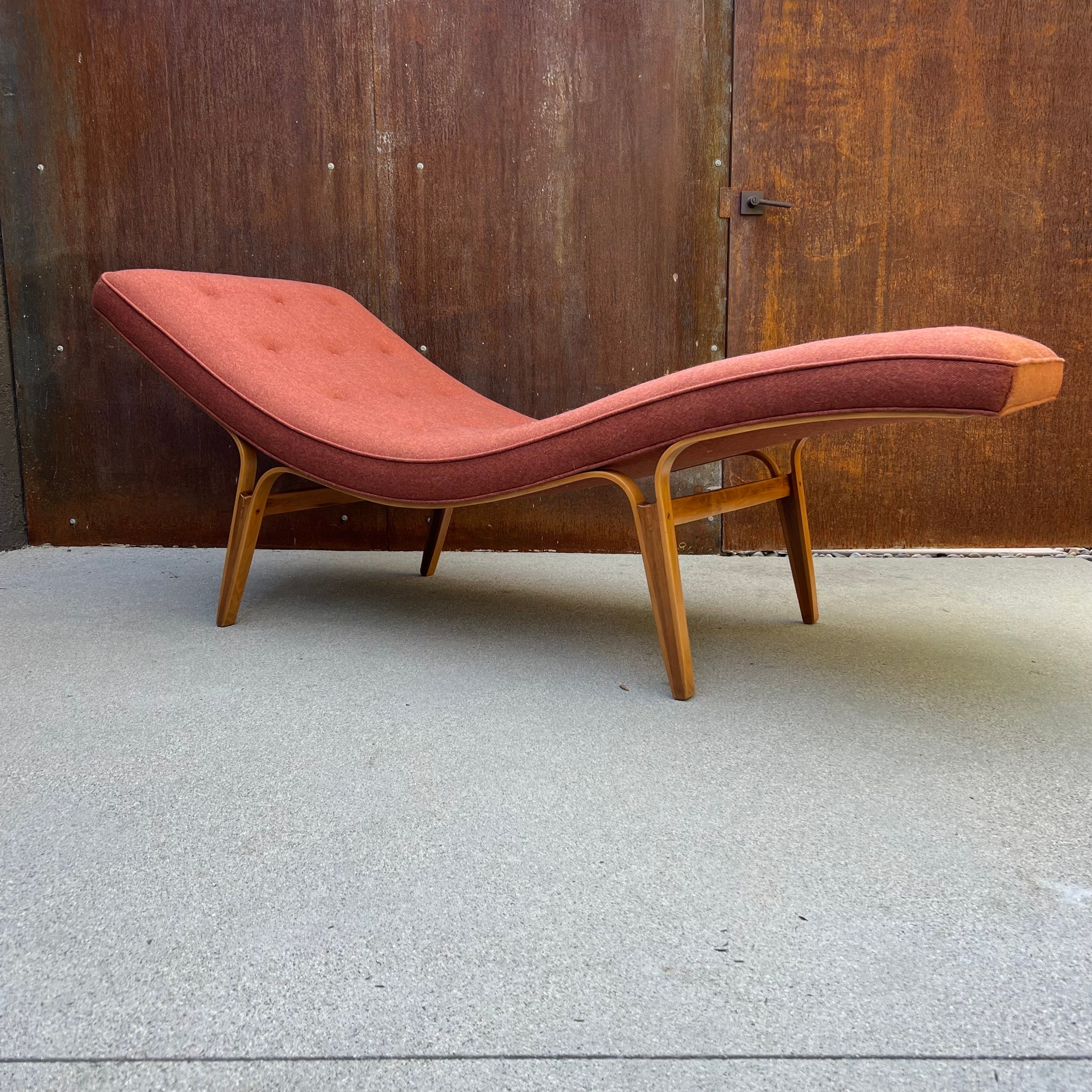 Stunning and exceedingly rare studio chaise lounge designed by California designer, John Kapel. This model never went into production and very few were made. It was a custom order from the designers showroom. Single owner chair, from Carmel,
