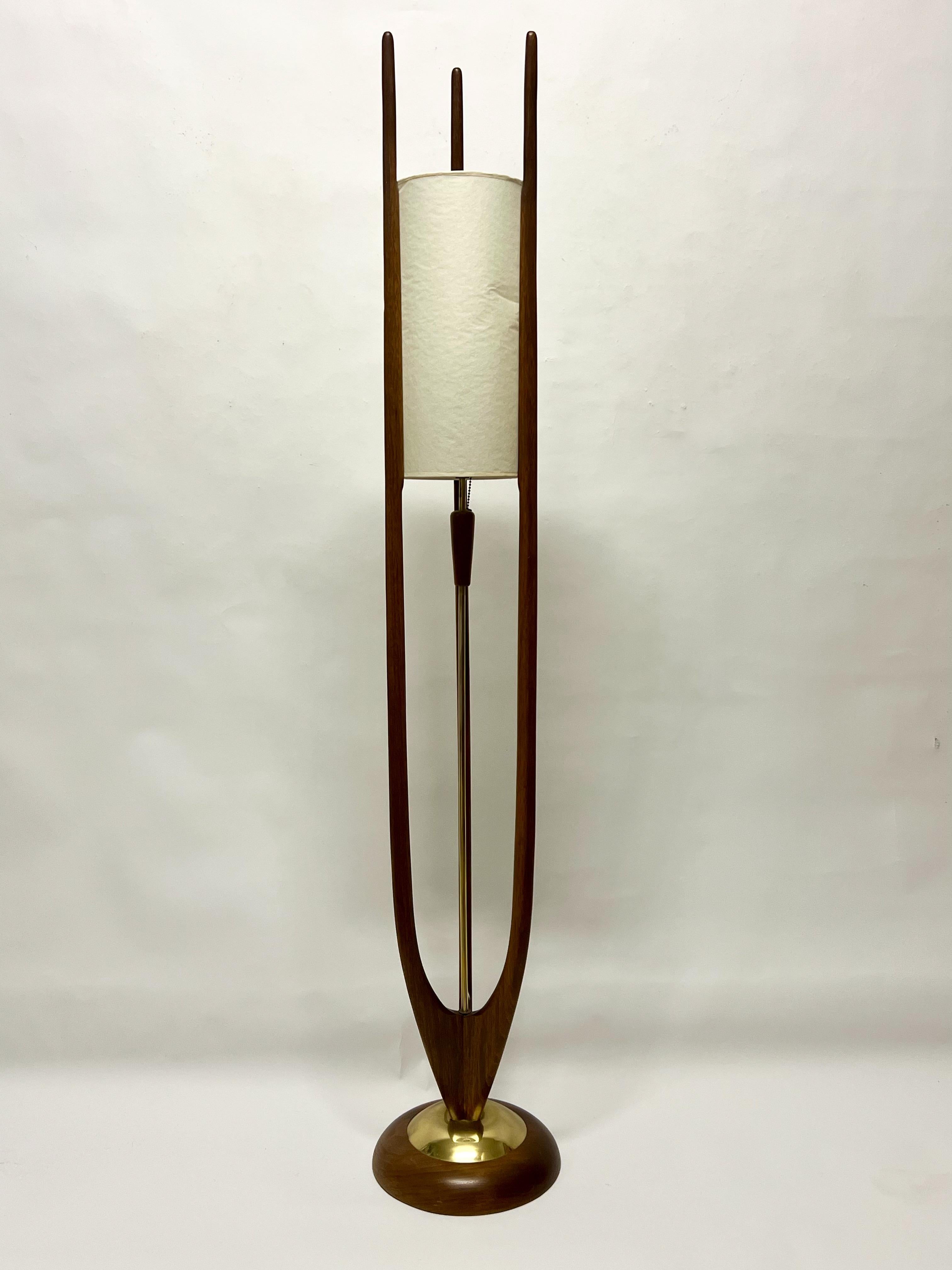 Fantastic rare floor lamp by American designer, John Keal c1960s. All original condition, wonderful patina, with original shade. Typically the original outer shades are missing from these lamps. It can be used with or without the outer shade, as