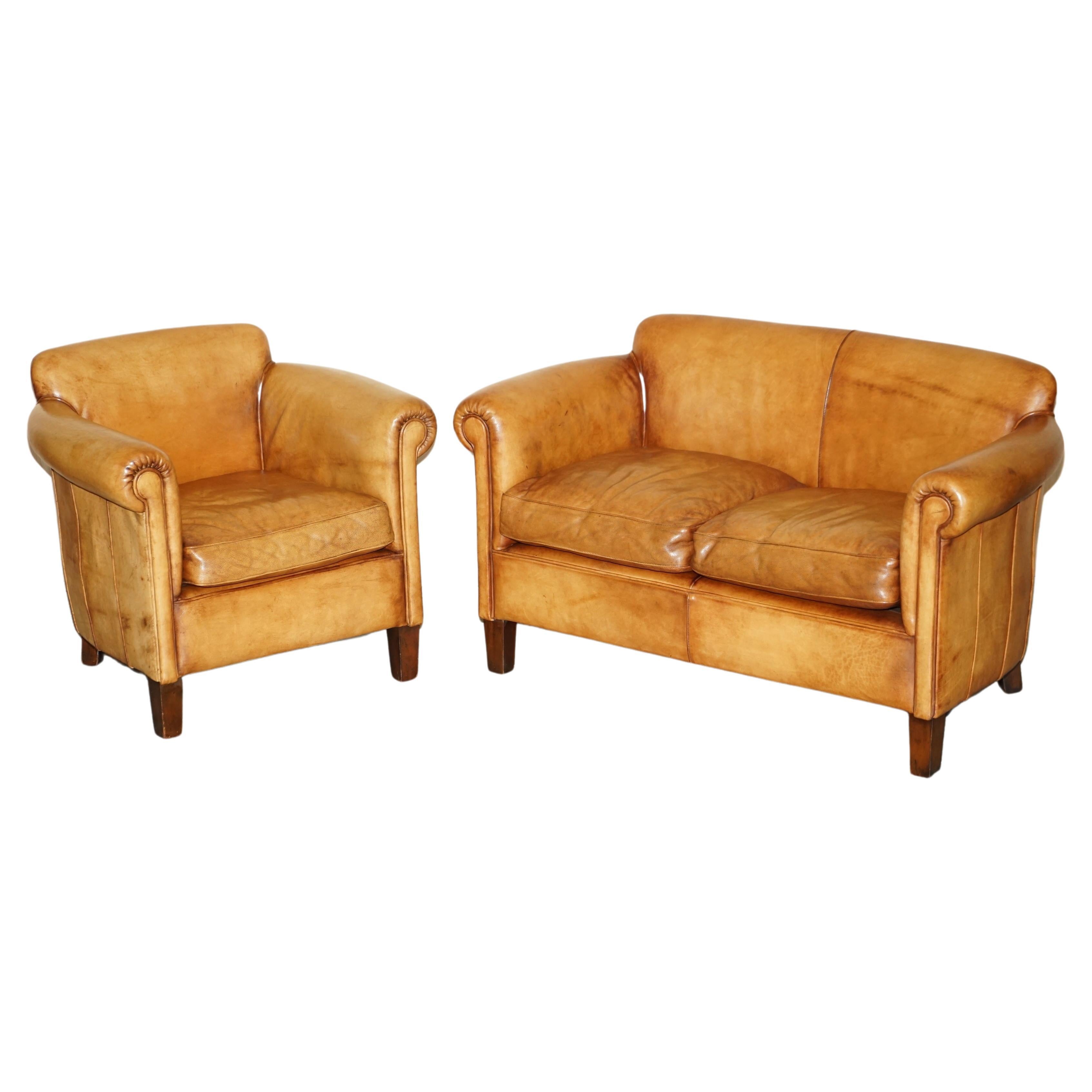 Ensemble rare fauteuil en cuir marron et canapé à deux places de John Lewis Camford Heritage
