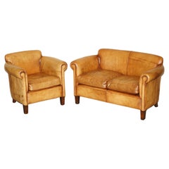 Vintage Rare John Lewis Camford Heritage Brown Leather Armchair & Two Seat Sofa Suite