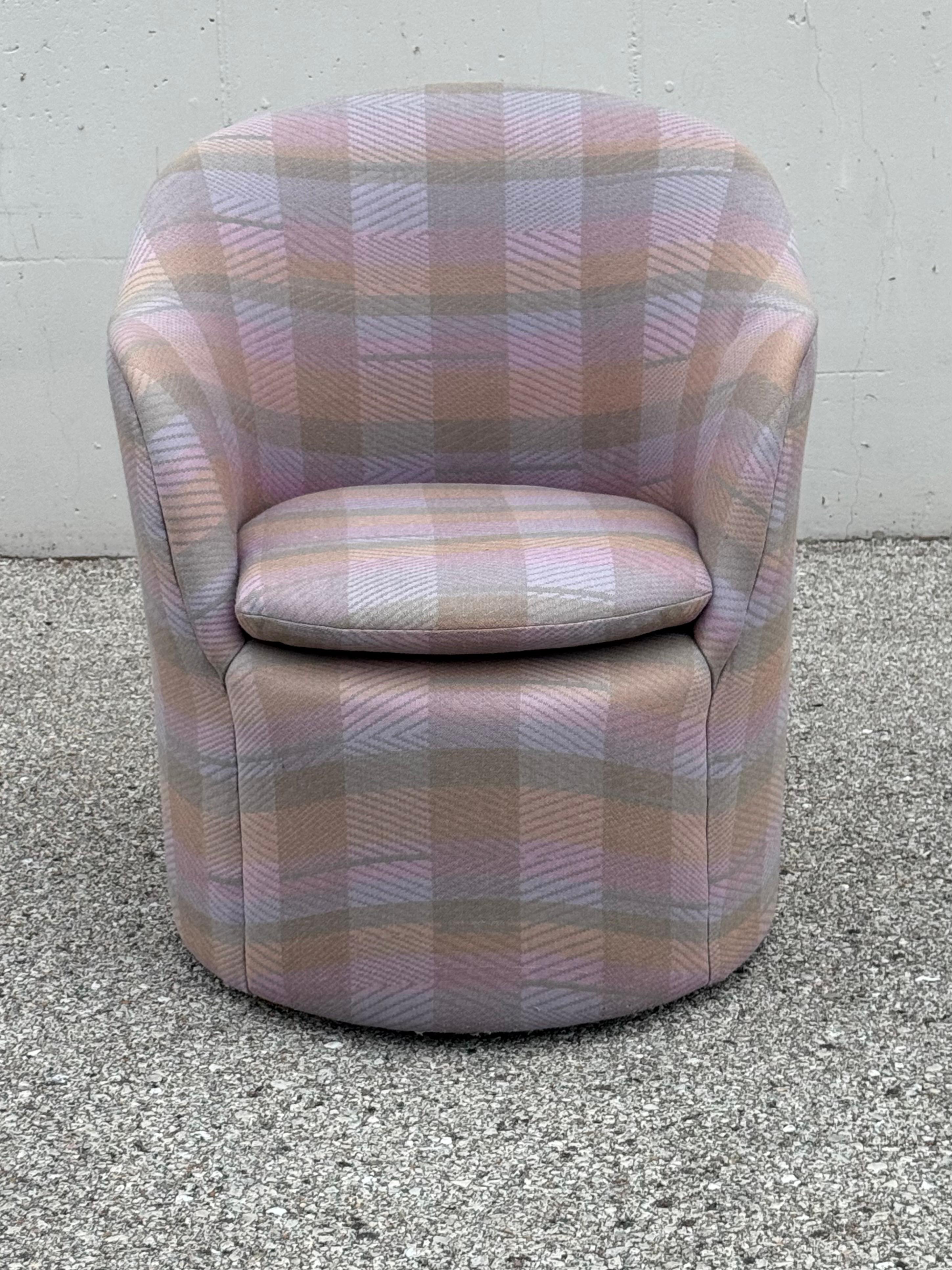 New York interior designer and architect John F. Saladino (1939-2025). John designed this 1970s small-scale Petal Lounge Chair (#7008) for Dunbar, has its original vintage Jack Lenor Larsen lilac, orange & gray plaid upholstery. Lounge chair is on