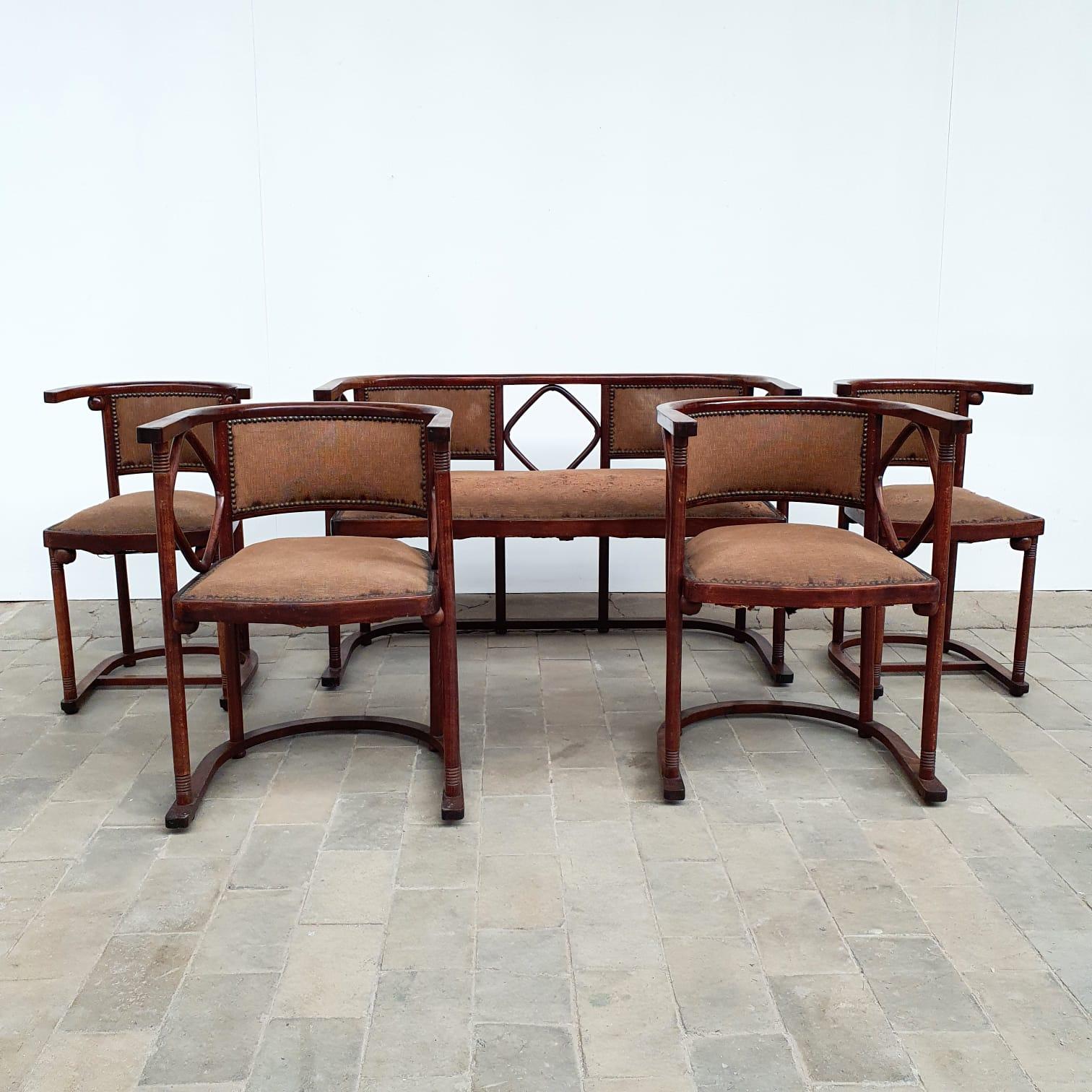 Rare Josef Hoffmann Set of 2 Armchairs, 2 Chairs and a Bench, 1907 For Sale 4