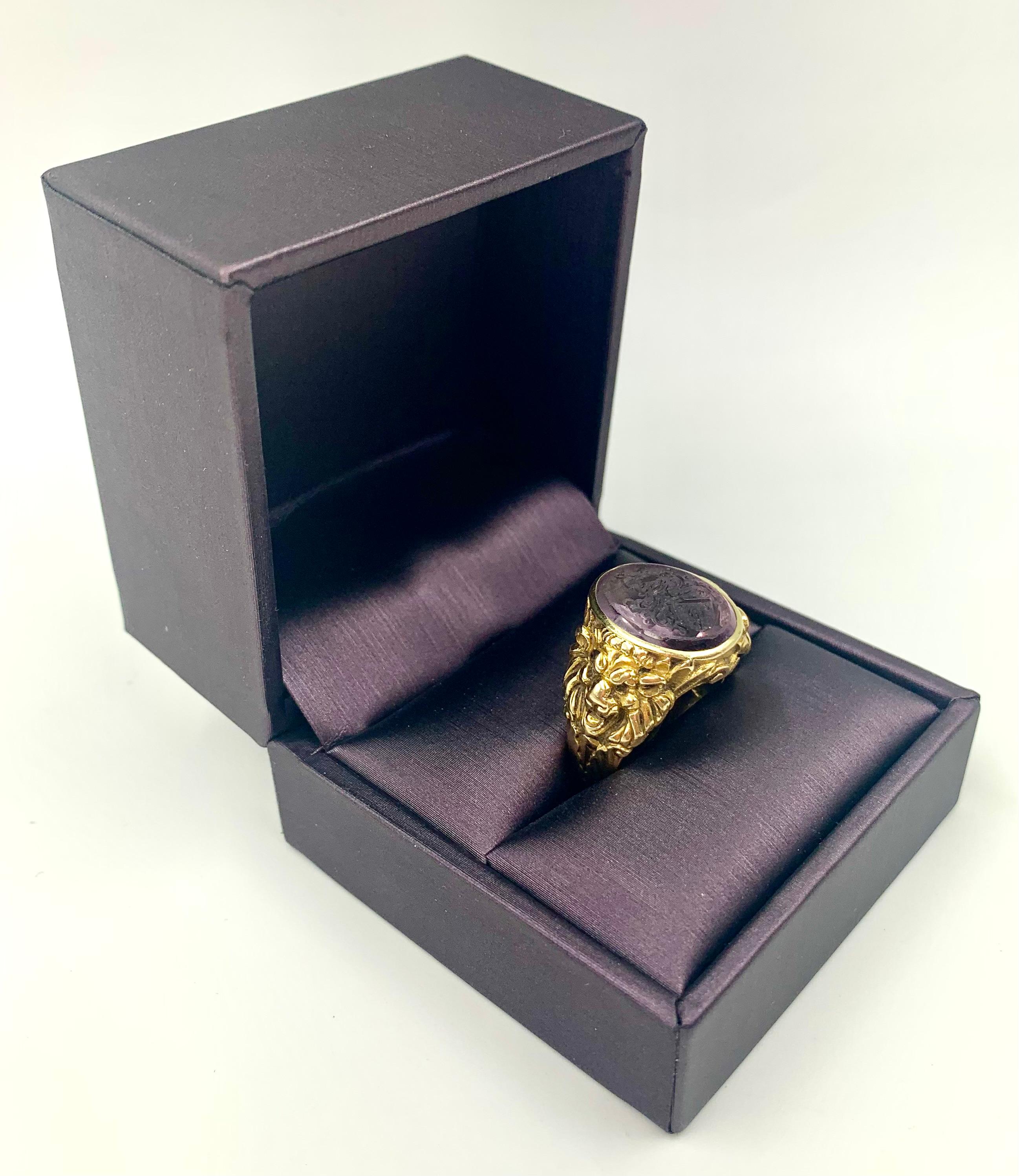 Rare Josef Seiss Antique Amethyst Intaglio 14K Yellow Gold Lions Signet Ring 3
