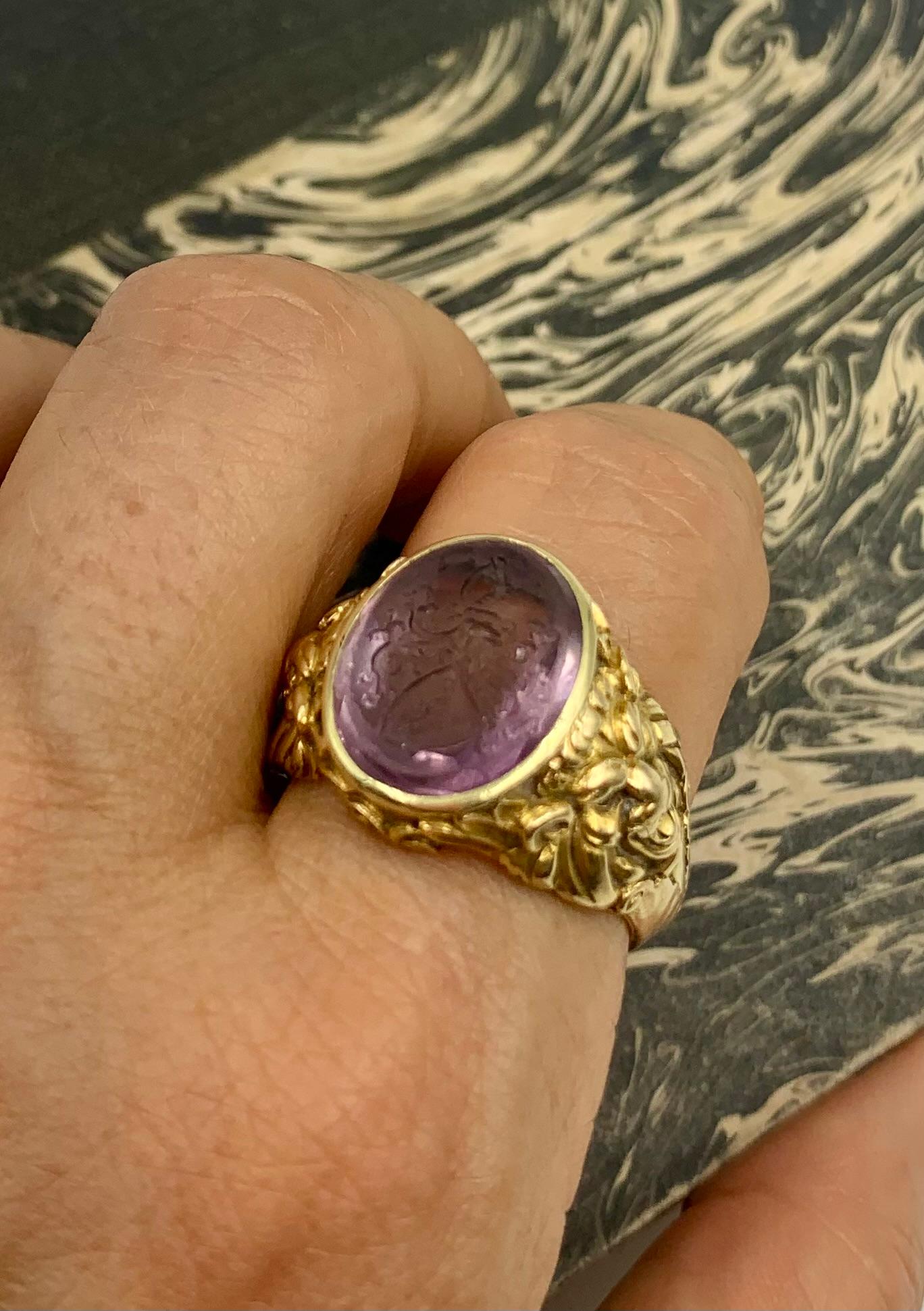 Rare Josef Seiss Antique Amethyst Intaglio 14K Yellow Gold Lions Signet Ring 4