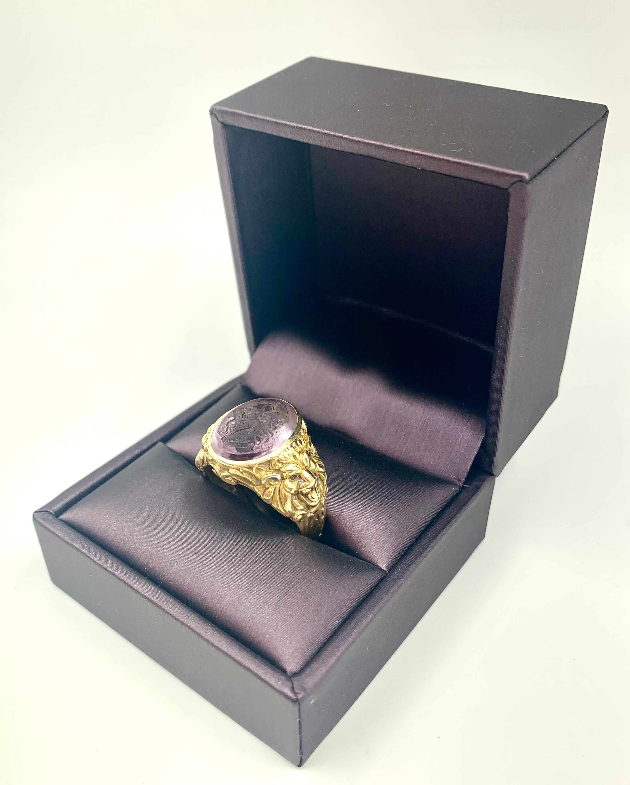 Rare Josef Seiss Antique Amethyst Intaglio 14K Yellow Gold Lions Signet Ring 5