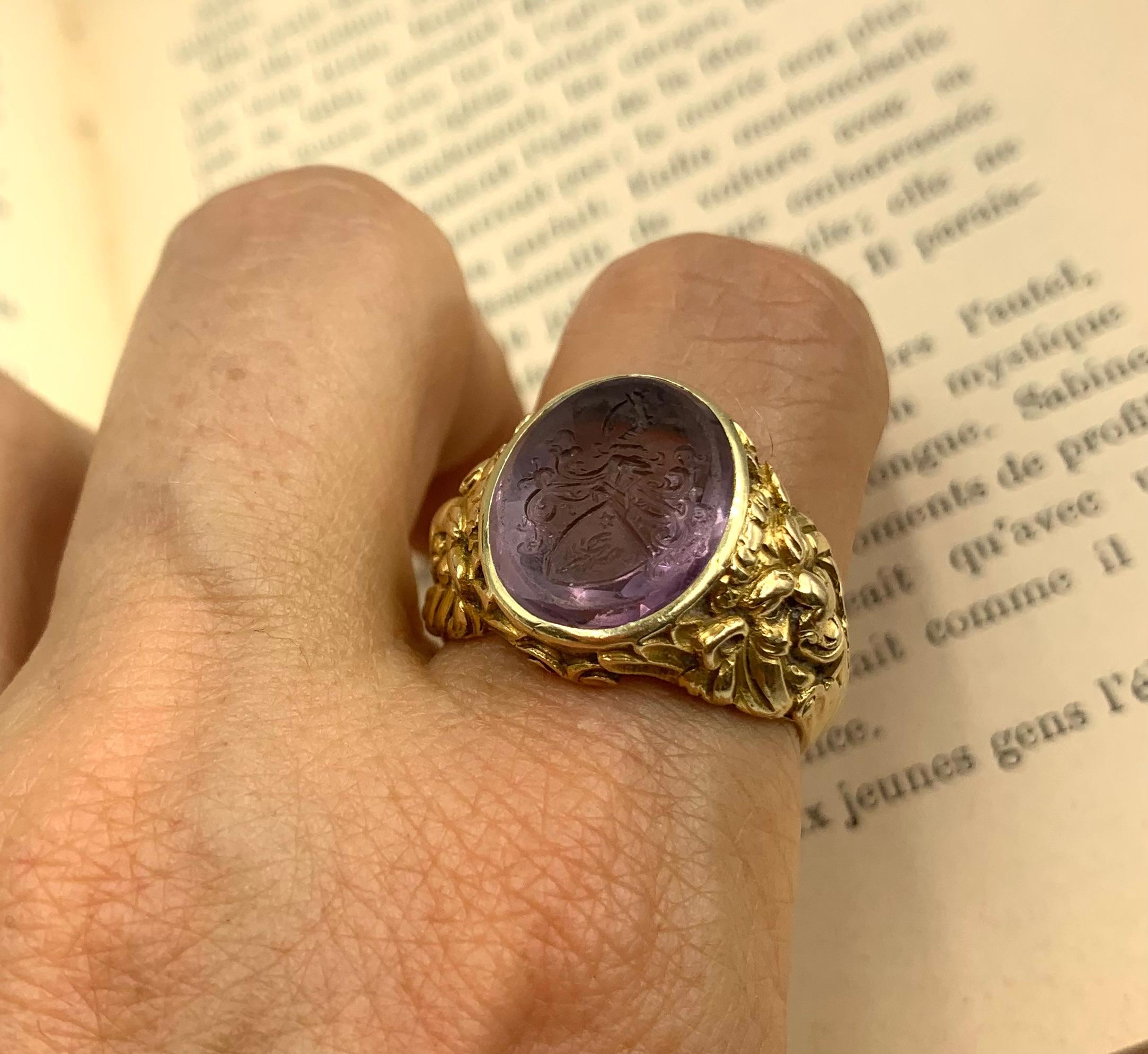 Rare Josef Seiss Antique Amethyst Intaglio 14K Yellow Gold Lions Signet Ring 6