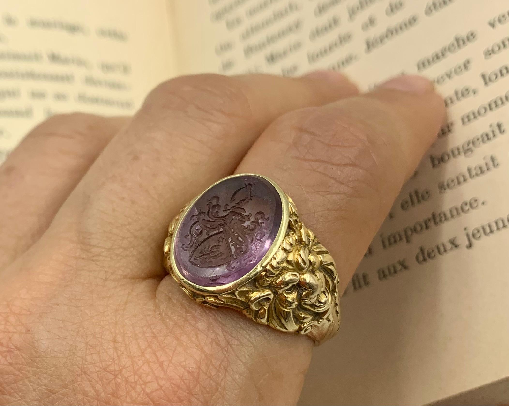 Georgian Rare Josef Seiss Antique Amethyst Intaglio 14K Yellow Gold Lions Signet Ring