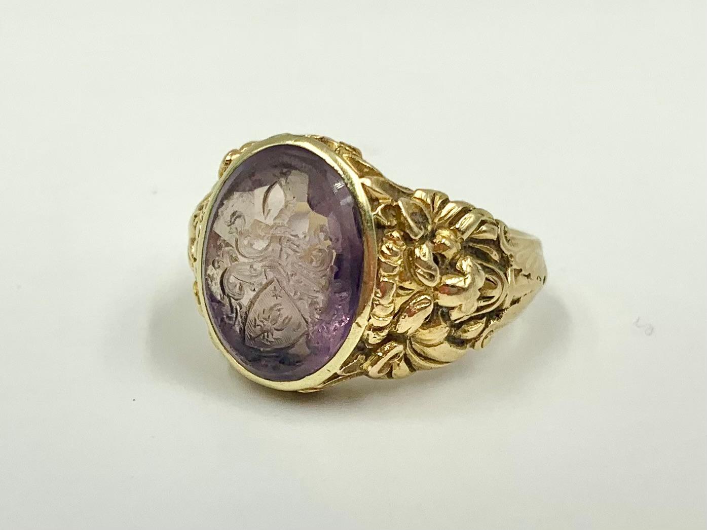 Mixed Cut Rare Josef Seiss Antique Amethyst Intaglio 14K Yellow Gold Lions Signet Ring