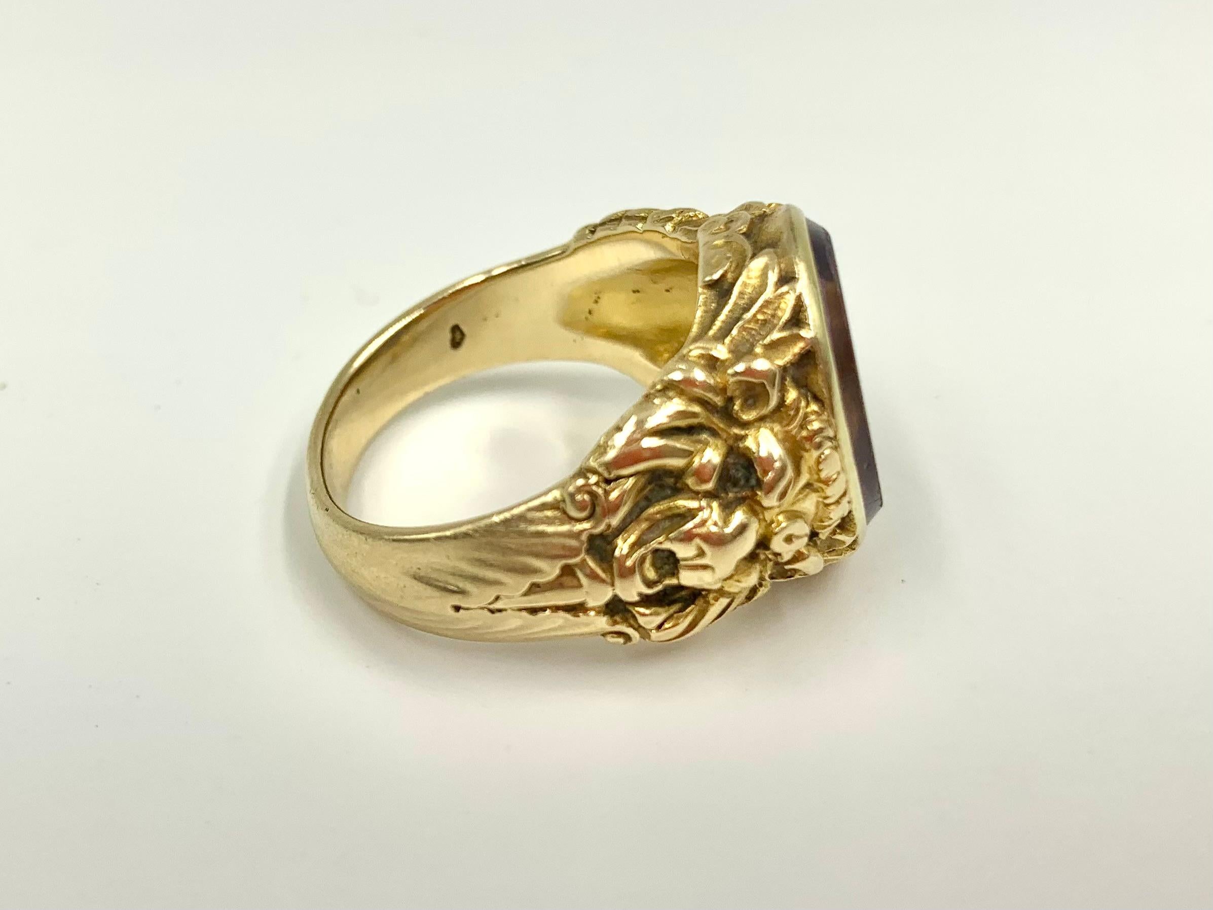 Rare Josef Seiss Antique Amethyst Intaglio 14K Yellow Gold Lions Signet Ring 1