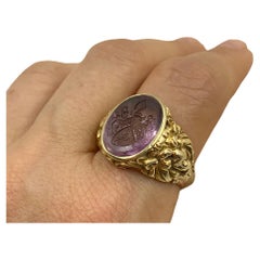 Rare Josef Seiss Antique Amethyst Intaglio 14K Yellow Gold Lions Signet Ring