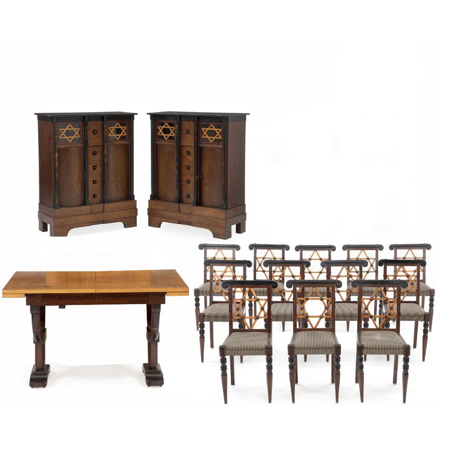 One of a kind rare Judaica suite 
Unique dining room of stained beech with numerous decorations/carvings, consisting of table with extension and three leaves two cabinets with loose stone tops, and 12 chairs. Chair seat upholstered with striped