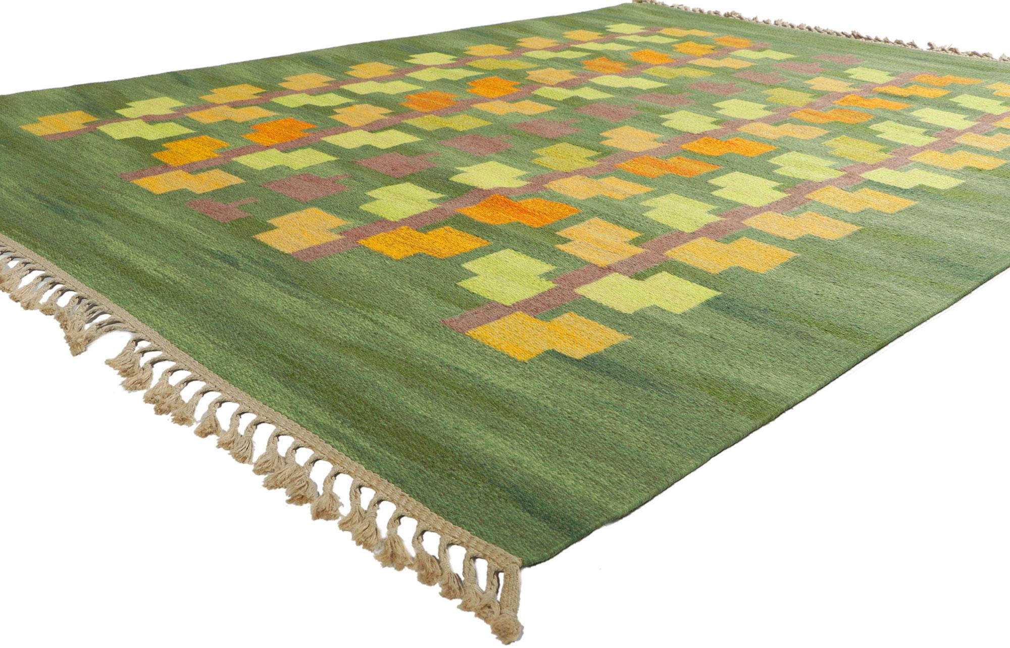 78489 Vintage Swedish Kilim Rollakan Rug by Judith Johansson, 06'04 x 08'07. With its Scandinavian Modern style, incredible detail and texture, this handwoven wool vintage Swedish rollakan rug is a captivating vision of woven beauty. The