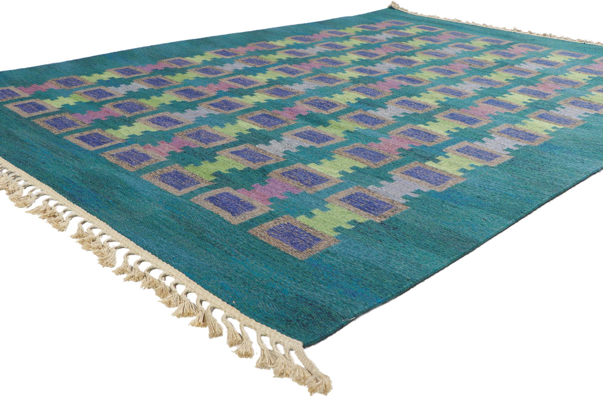 78495 Vintage Swedish Rollakan Rug by Judith Johansson, 05'07 x 07'11.
With its Scandinavian Modern style, incredible detail and texture, this handwoven wool vintage Swedish rollakan rug is a captivating vision of woven beauty. The eye-catching