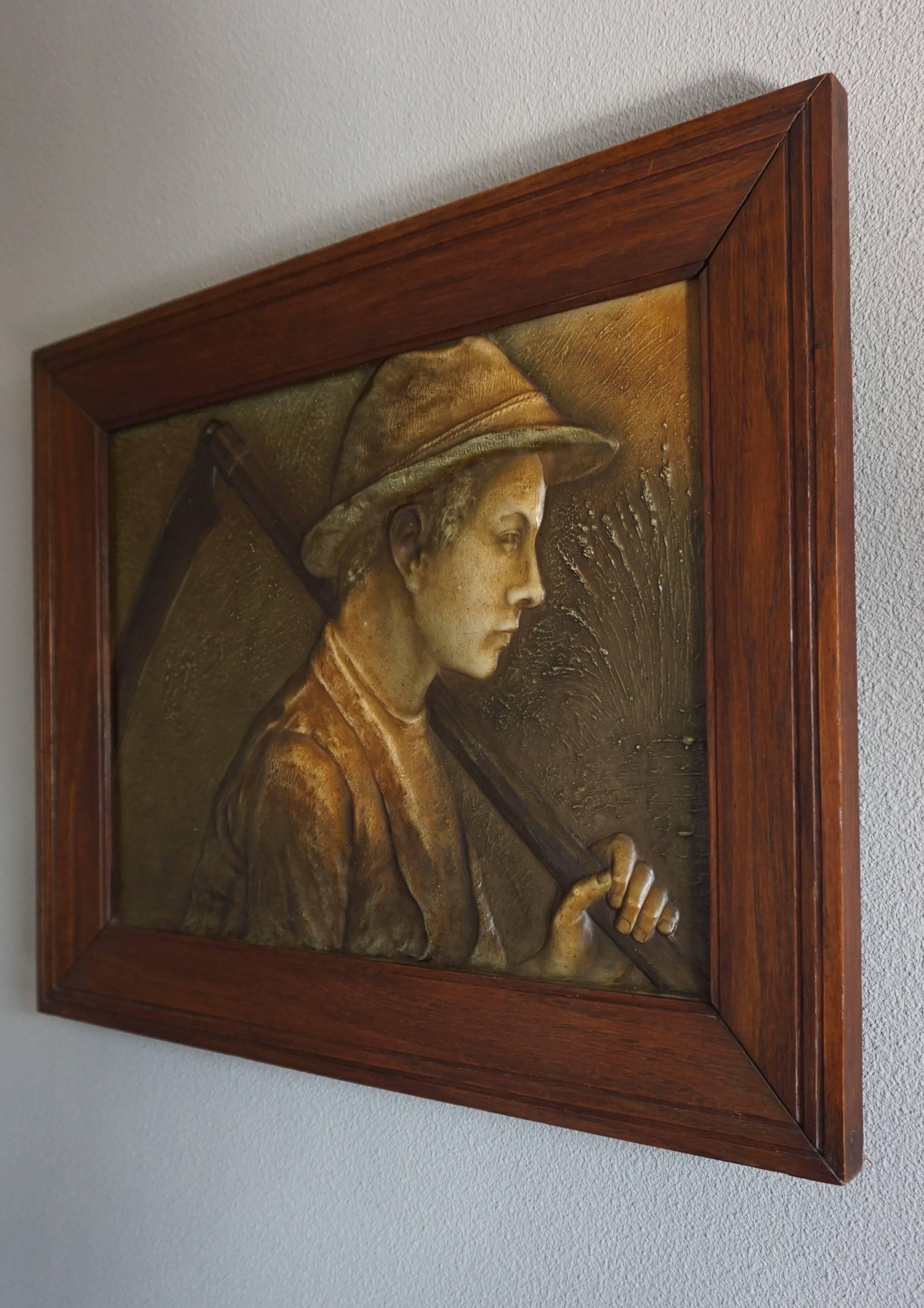 European Rare Jugendstil Boy & Scythe Communist Propaganda Style Wall Plaque in Oak Frame For Sale