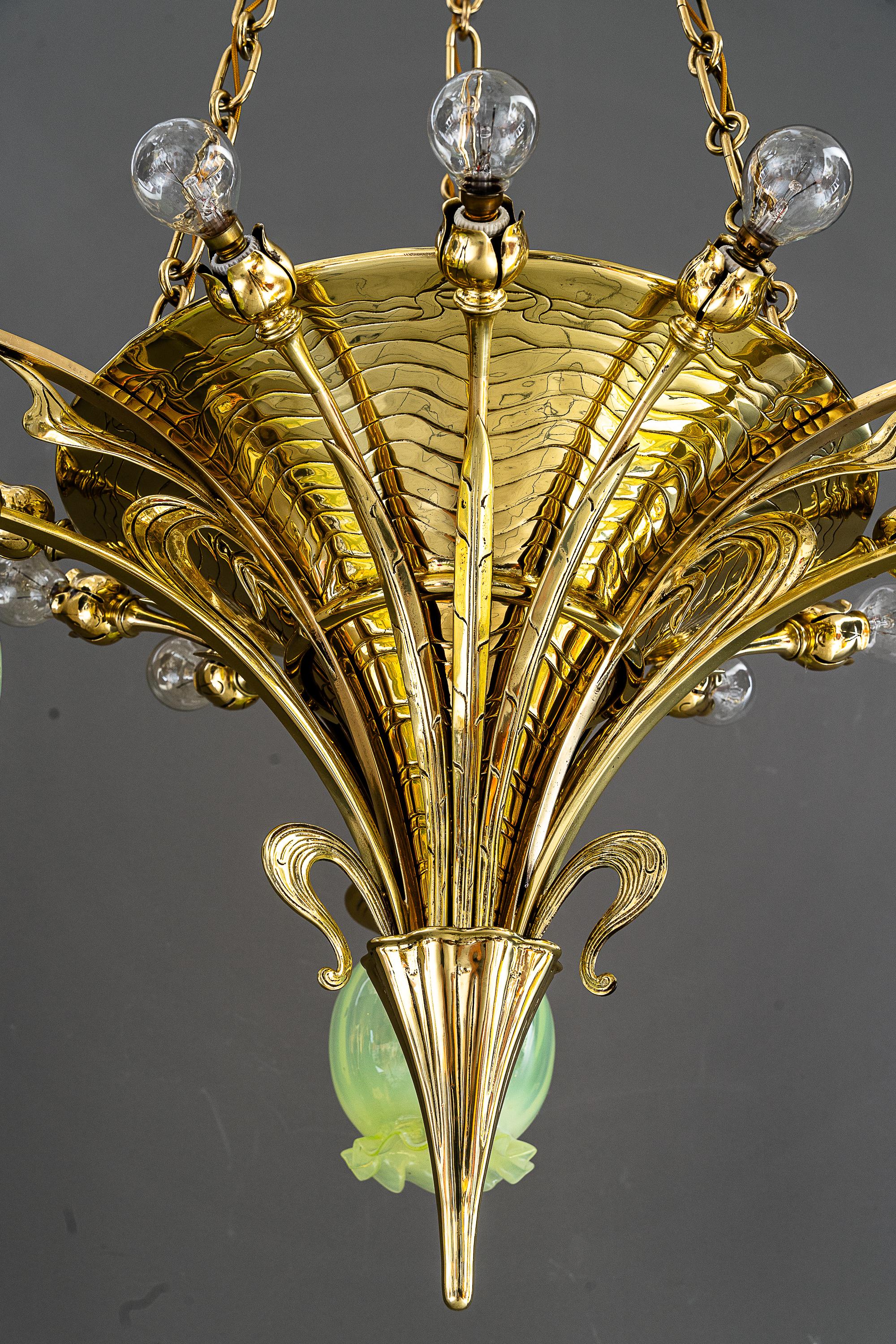 Brass Rare Jugendstil Chandelier with opaline glass shades vienna around 1908  For Sale