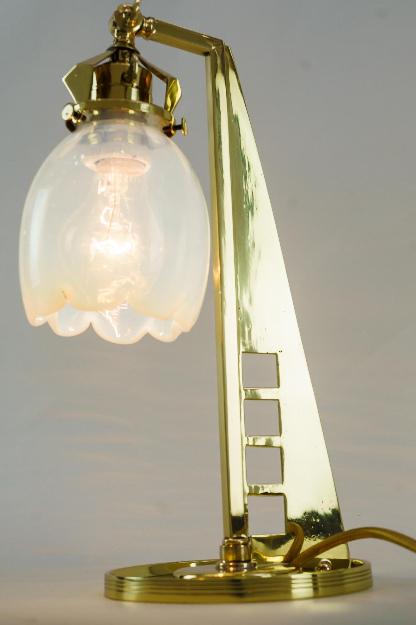 Brass Rare Jugendstil Table Lamp with Original Opaline Glass Shade Vienna Around 1910 For Sale