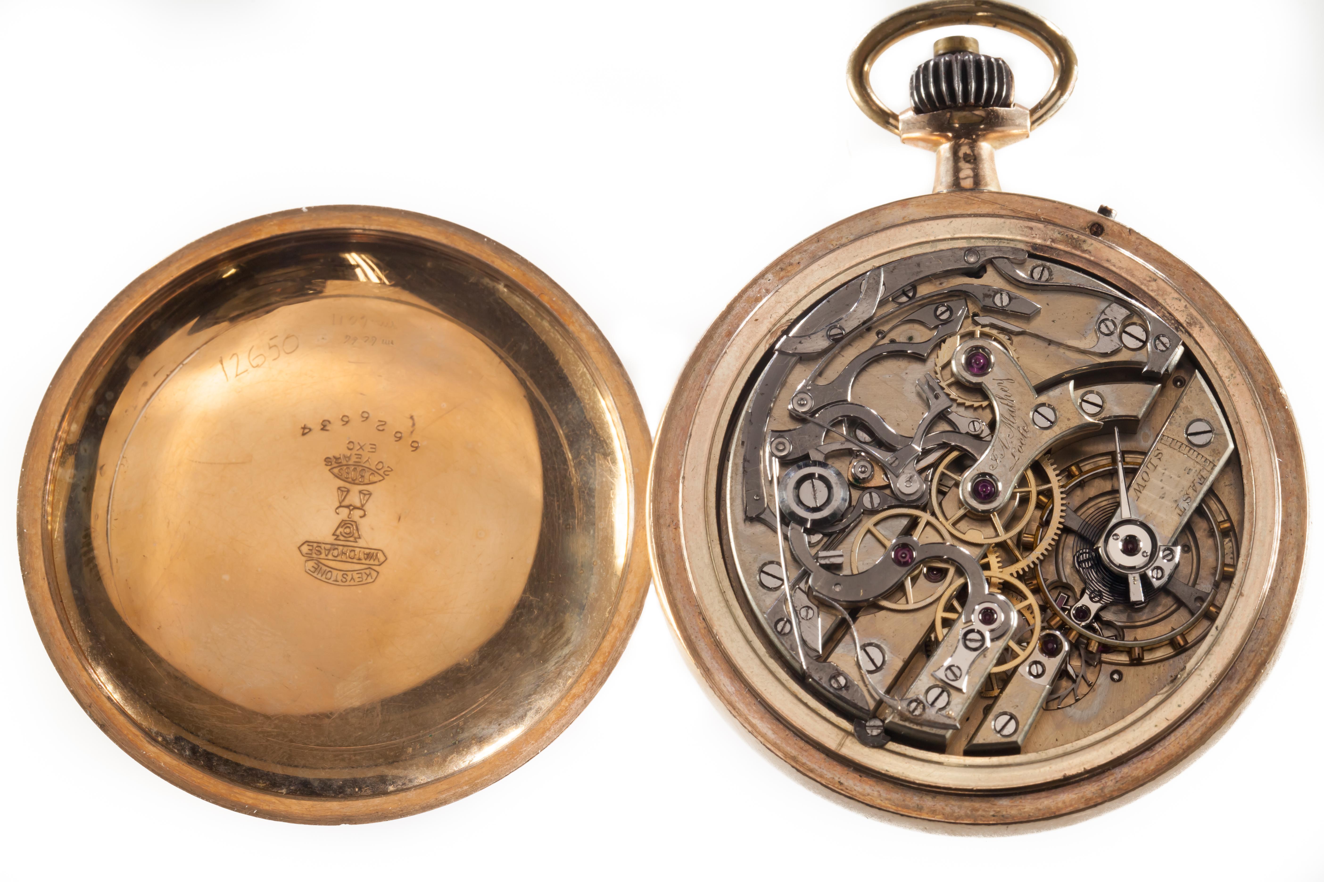 Rare Jules Mathey Locle Split Second Chronograph Pocket Watch

Beautifully Crafted Pocket Watch by Jules Mathey Locle & Keystone (Case)
Double sunk sub dials, Black numerals with Blue numbers above 
Keystone Case, Gold Filled by James Boss Serial