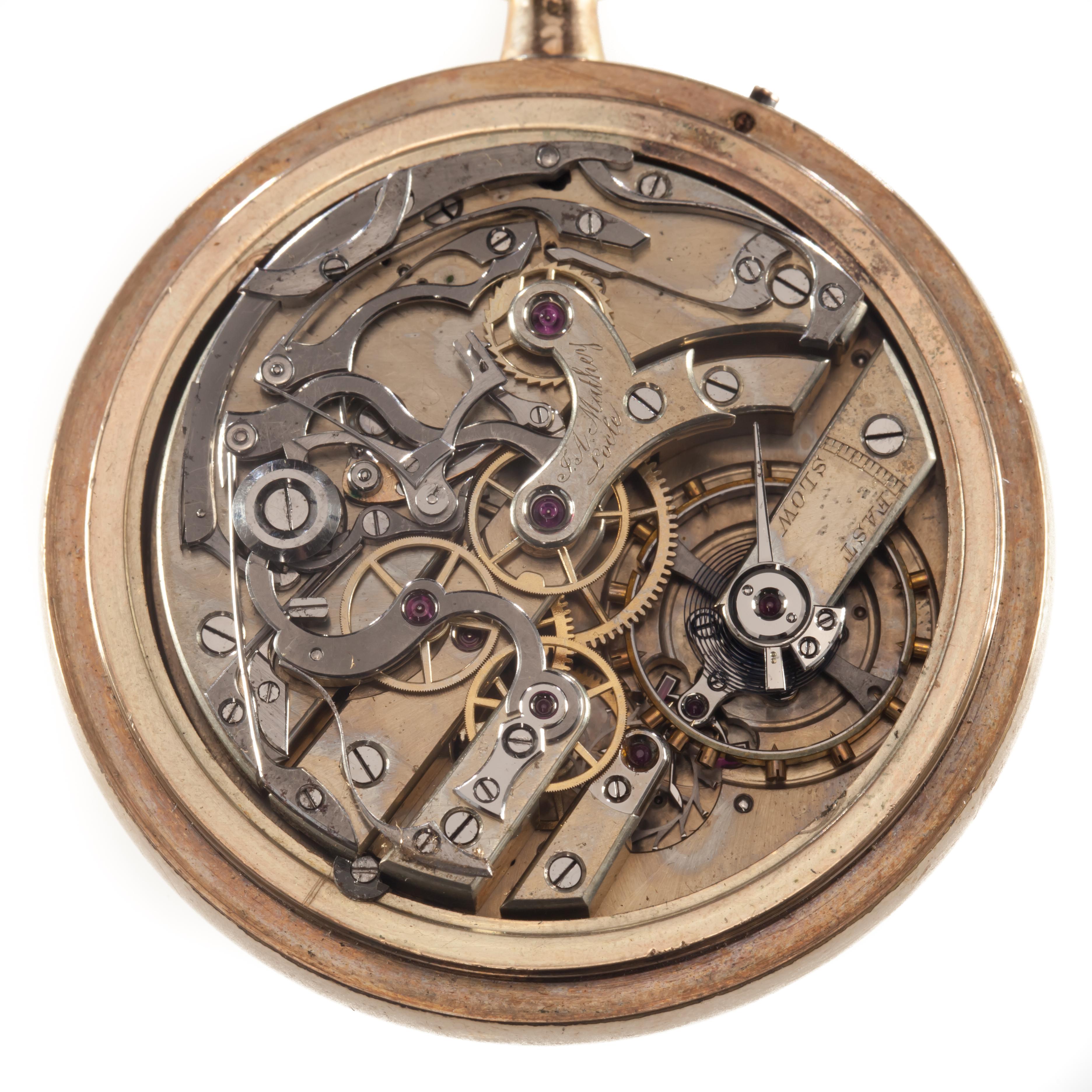 Artisan Jules Mathey Locle Rare montre à gousset chronographe à seconde fente fendue et remplie d'or