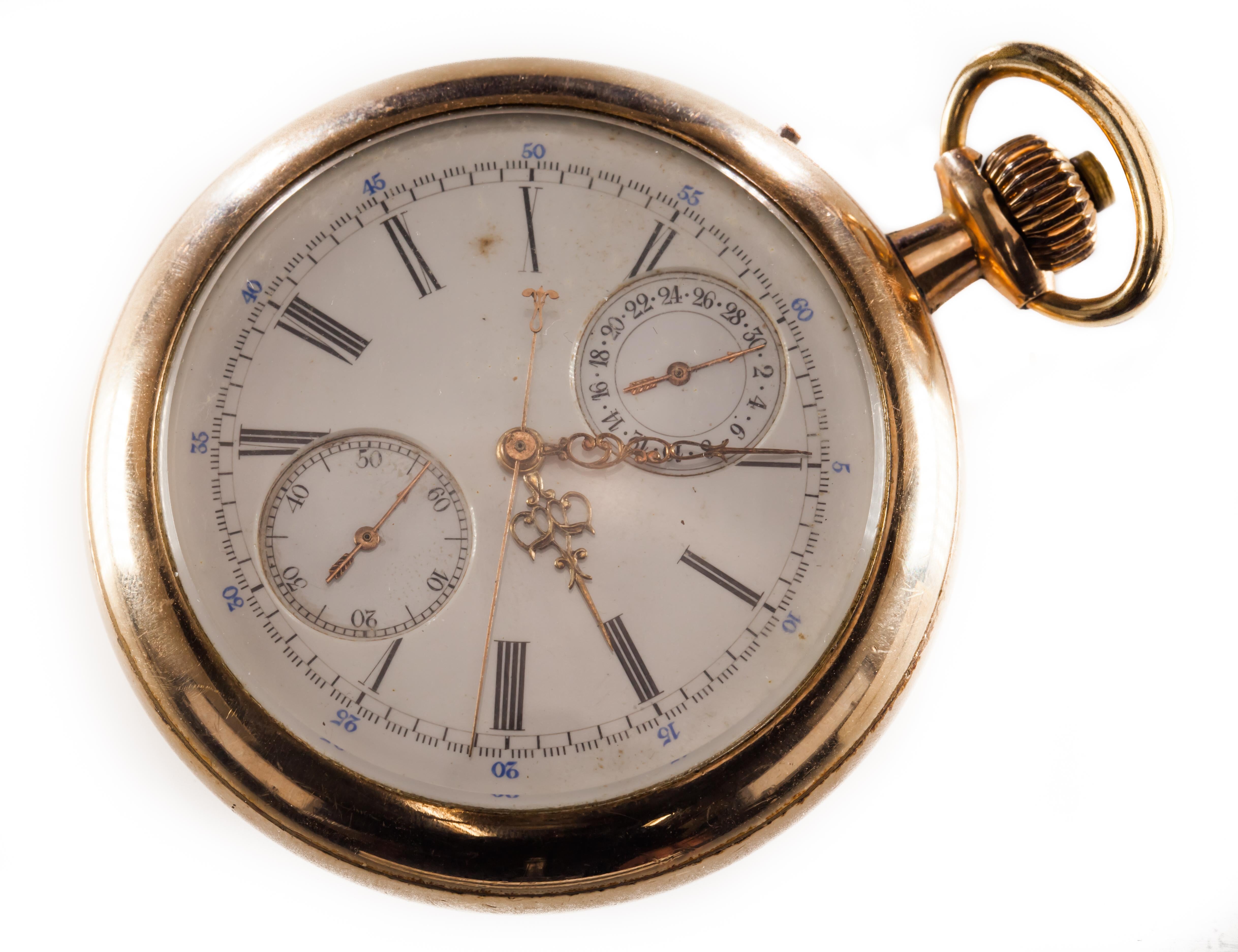 Jules Mathey Locle Rare montre à gousset chronographe à seconde fente fendue et remplie d'or 1