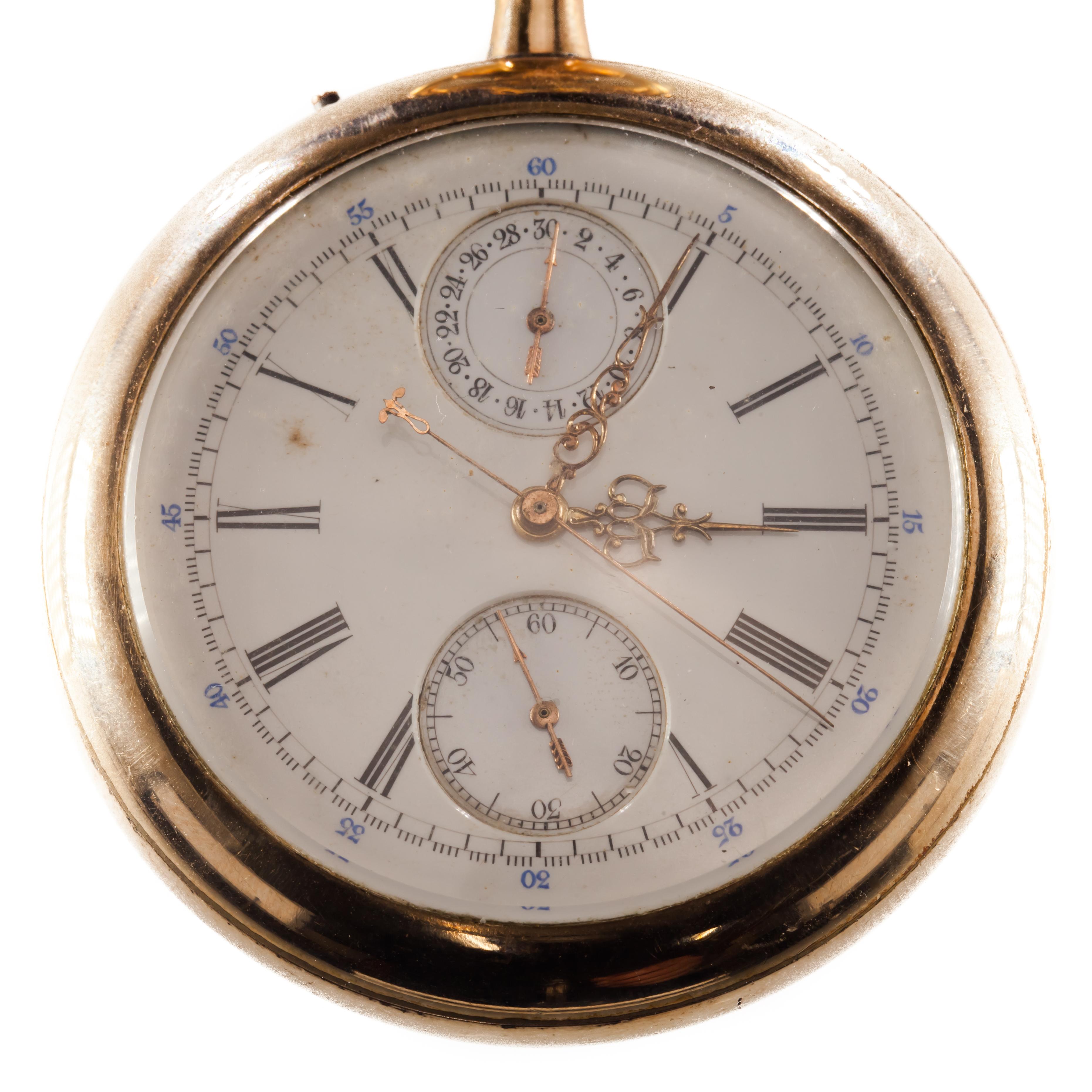 Rare Jules Mathey Locle Split Second Chronograph Pocket Watch Gold Filled In Good Condition In Sherman Oaks, CA