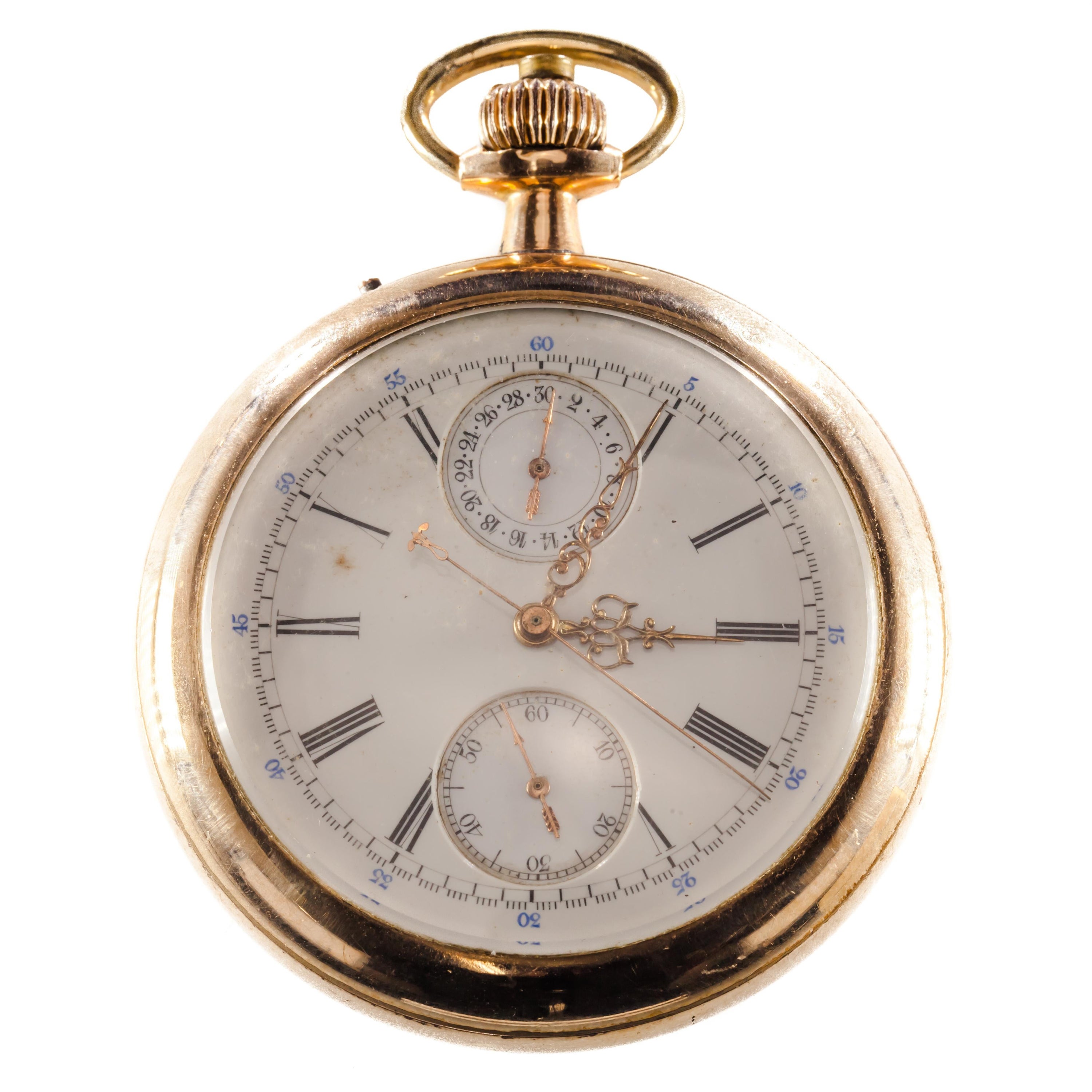 Seltene Jules Mathey Locle geteilte zweite Chronograph-Taschenuhr, Gold gefüllt