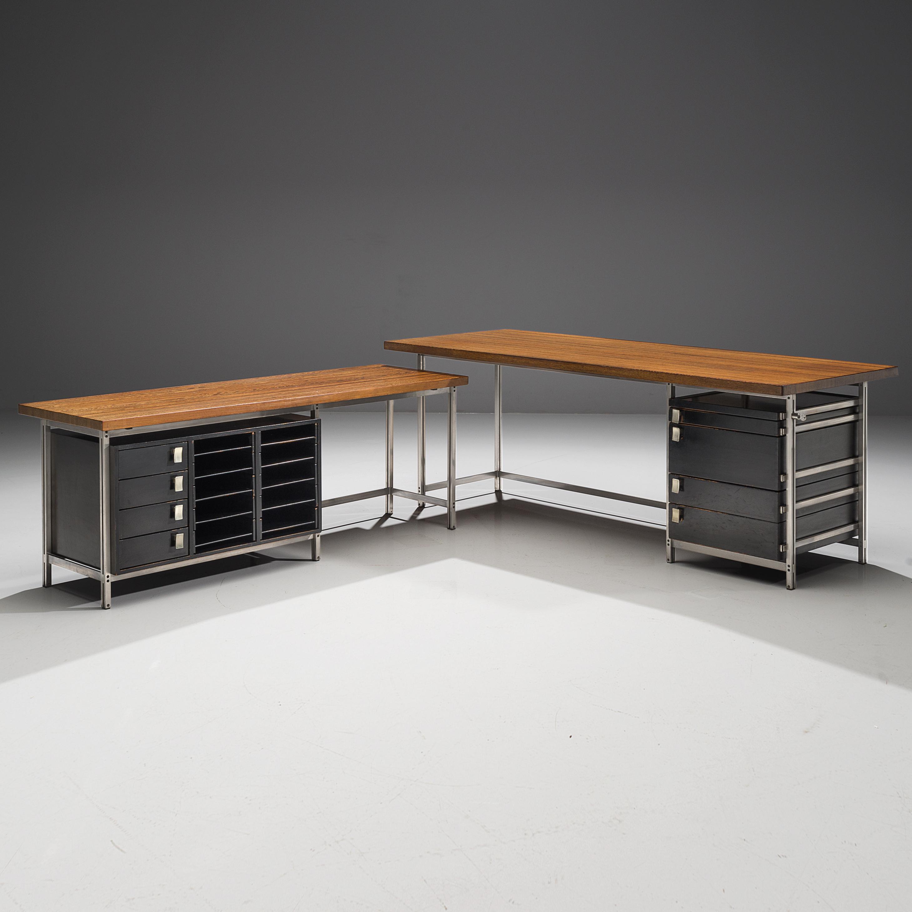 Jules Wabbes, writing desk with drawer compartments, wengé, metal, lacquered wood, Belgium, 1960s.

This corner desk is designed by Jules Wabbes. The table is executed with a solid wengé wooden top, made of tangentially-sawn wengé slats. The