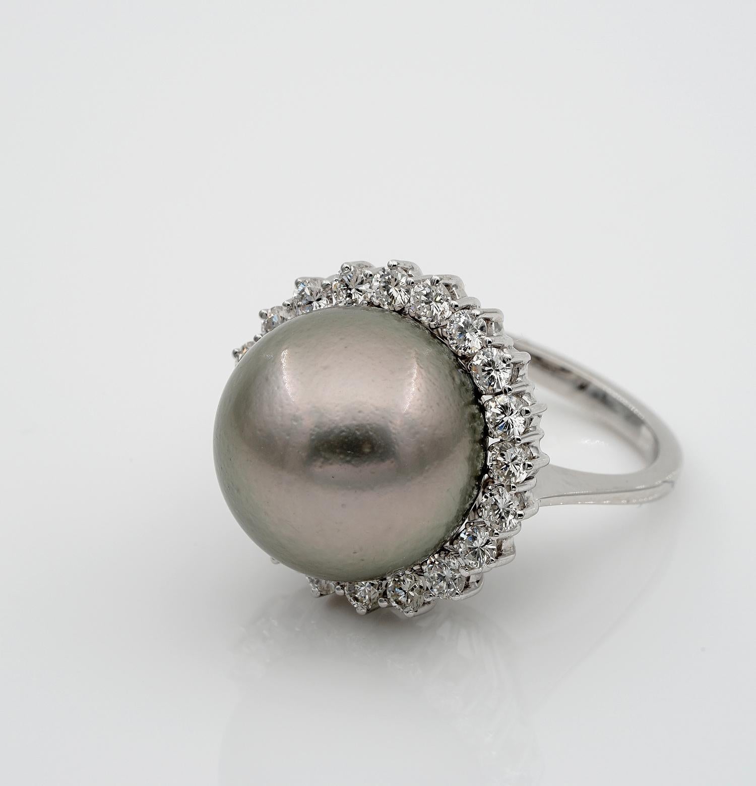 Women's Rare Jumbo Sized Black South Sea Pearl Diamond Spectacular Vintage Ring For Sale