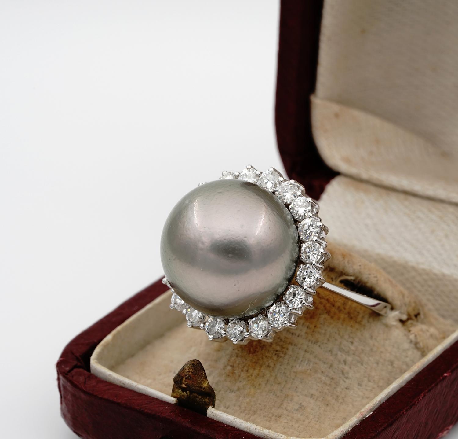 Rare Jumbo Sized Black South Sea Pearl Diamond Spectacular Vintage Ring For Sale 1