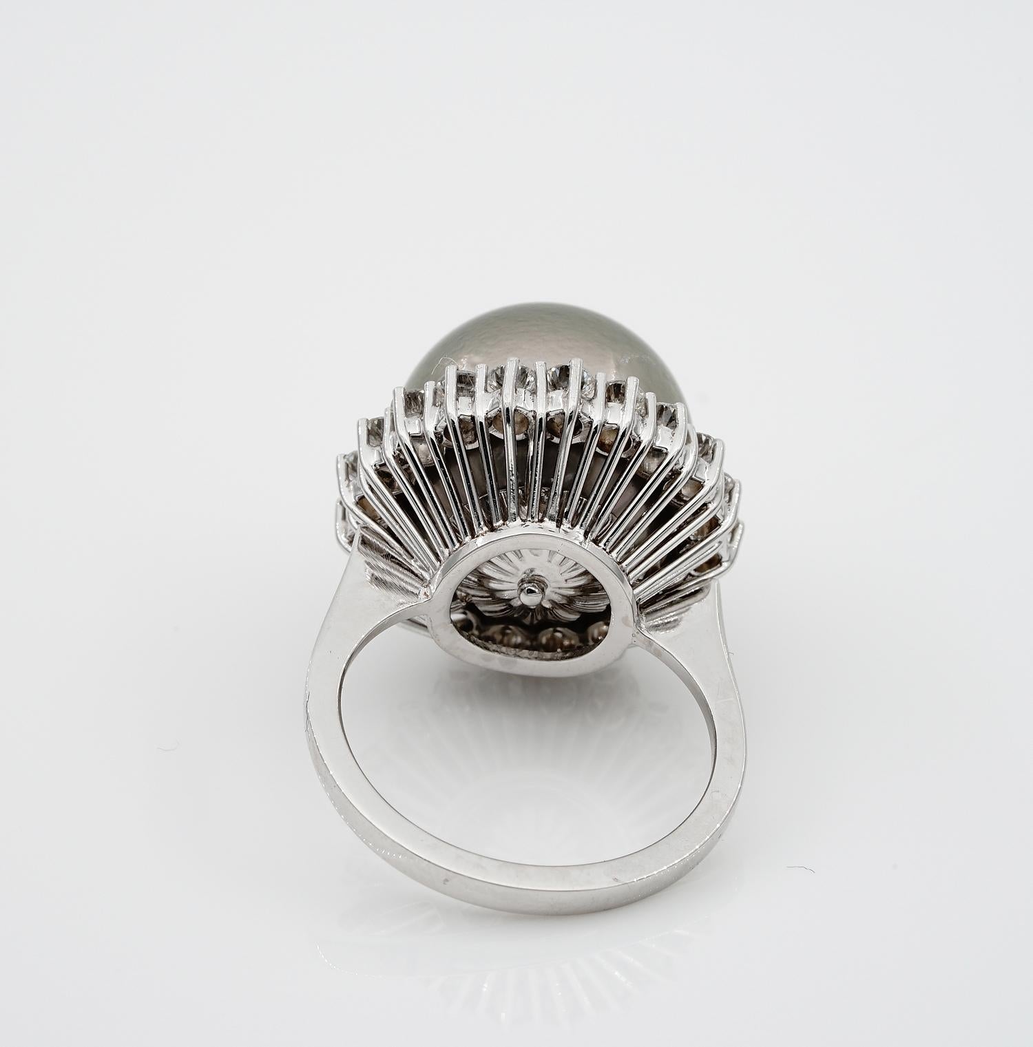Rare Jumbo Sized Black South Sea Pearl Diamond Spectacular Vintage Ring For Sale 3