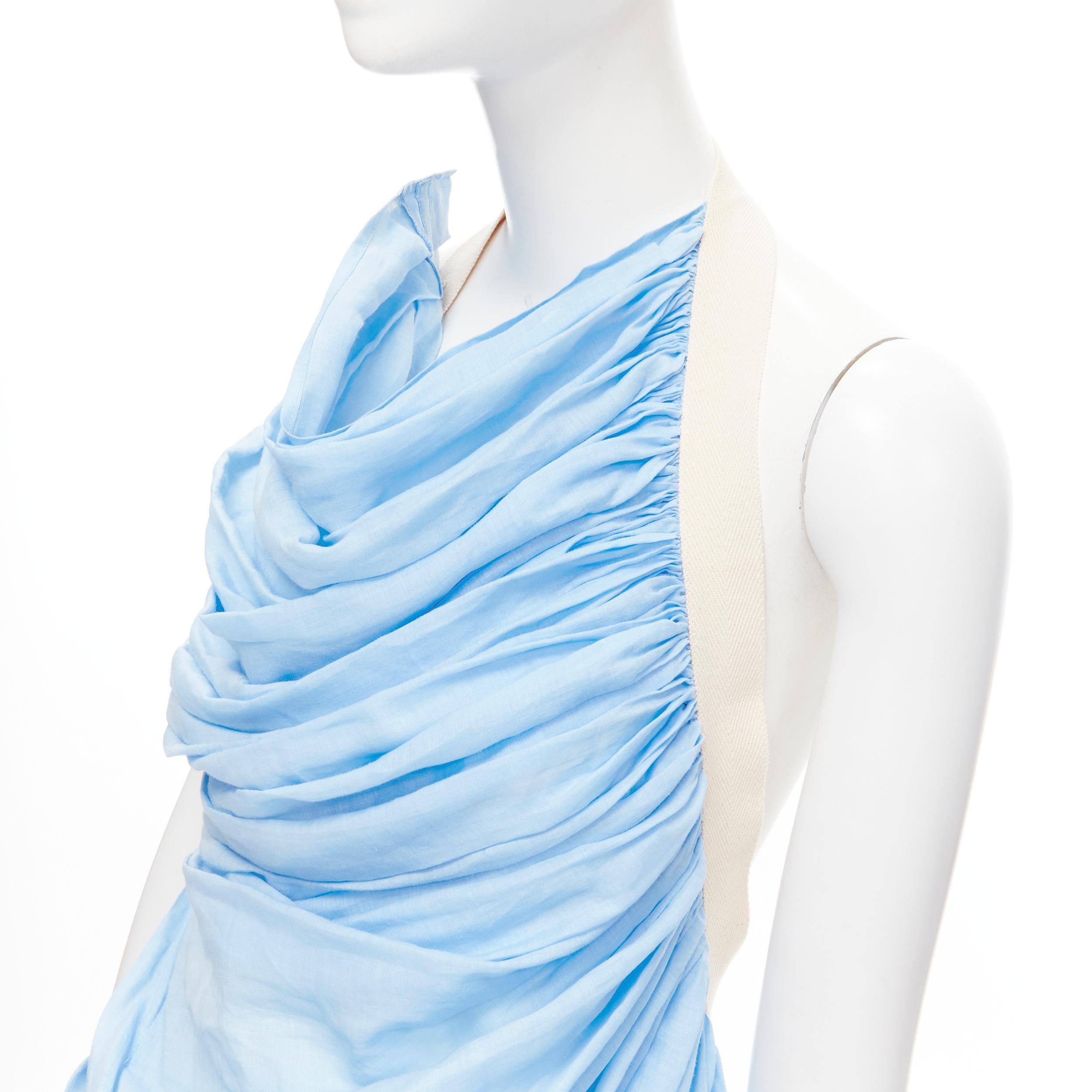 rare JUNYA WATANABE Runway 2007 blue ruched halter open back wrap dress XS 
Reference: CRTI/A00432 
Brand: Junya Watanabe 
Collection: 2007 Runway 
Material: Cotton 
Color: Blue 
Pattern: Solid Closure: Hook & Bar Extra Detail: Sky blue cotton. Zip