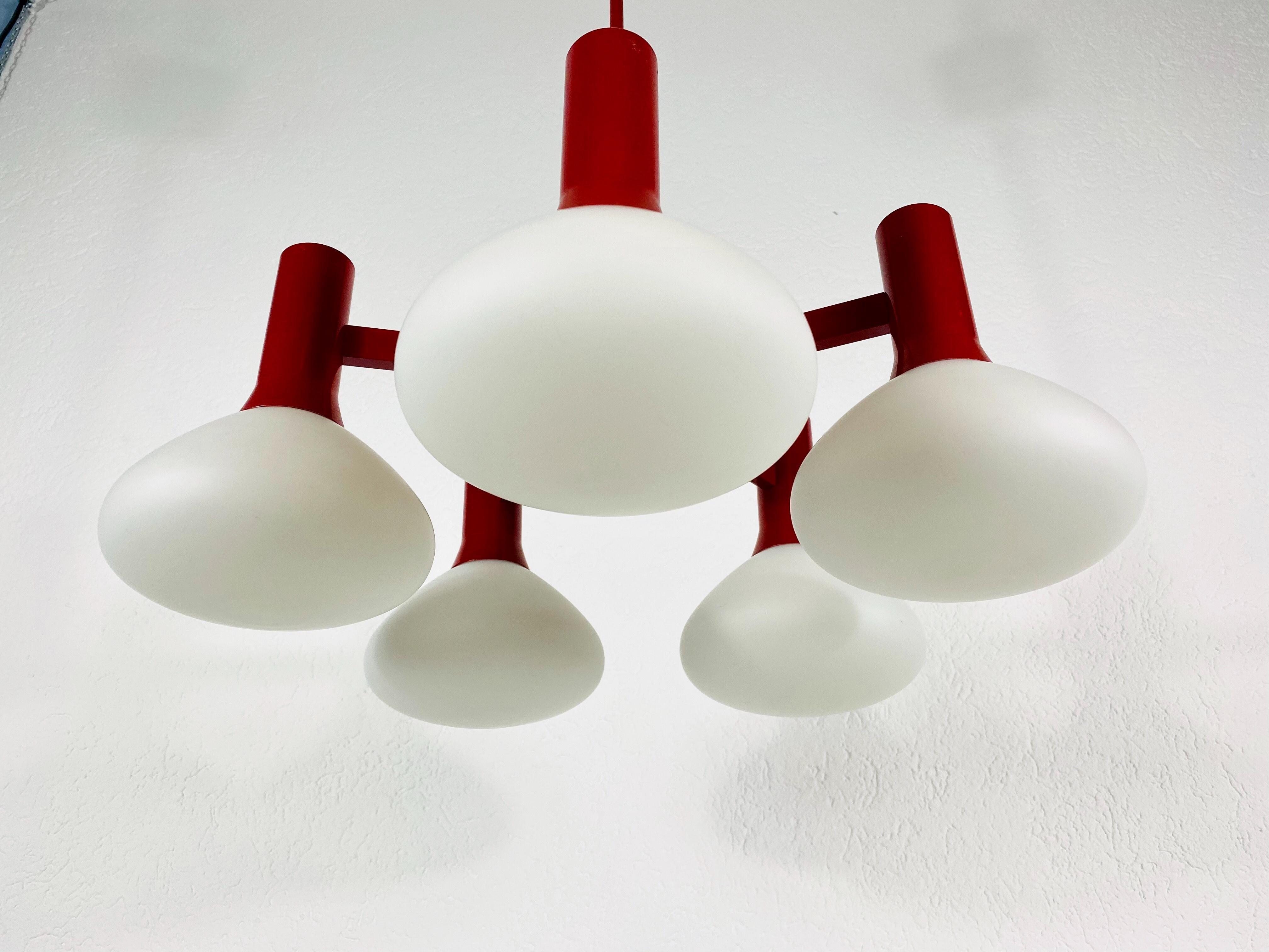 Mid-Century Modern Rare Kaiser Midcentury Red 5-Arm Space Age Chandelier, 1960s, Germany
