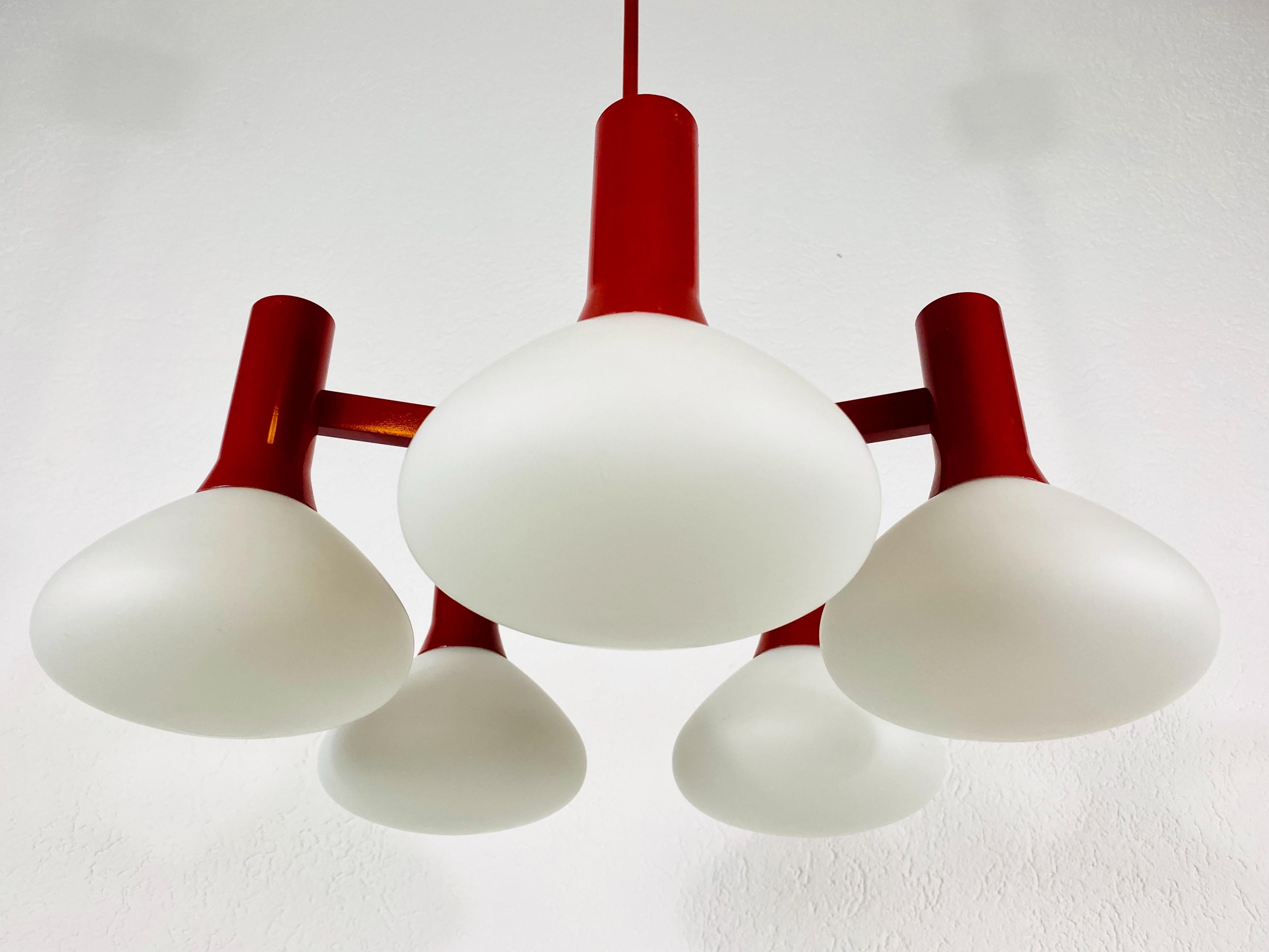 Mid-20th Century Rare Kaiser Midcentury Red 5-Arm Space Age Chandelier, 1960s, Germany