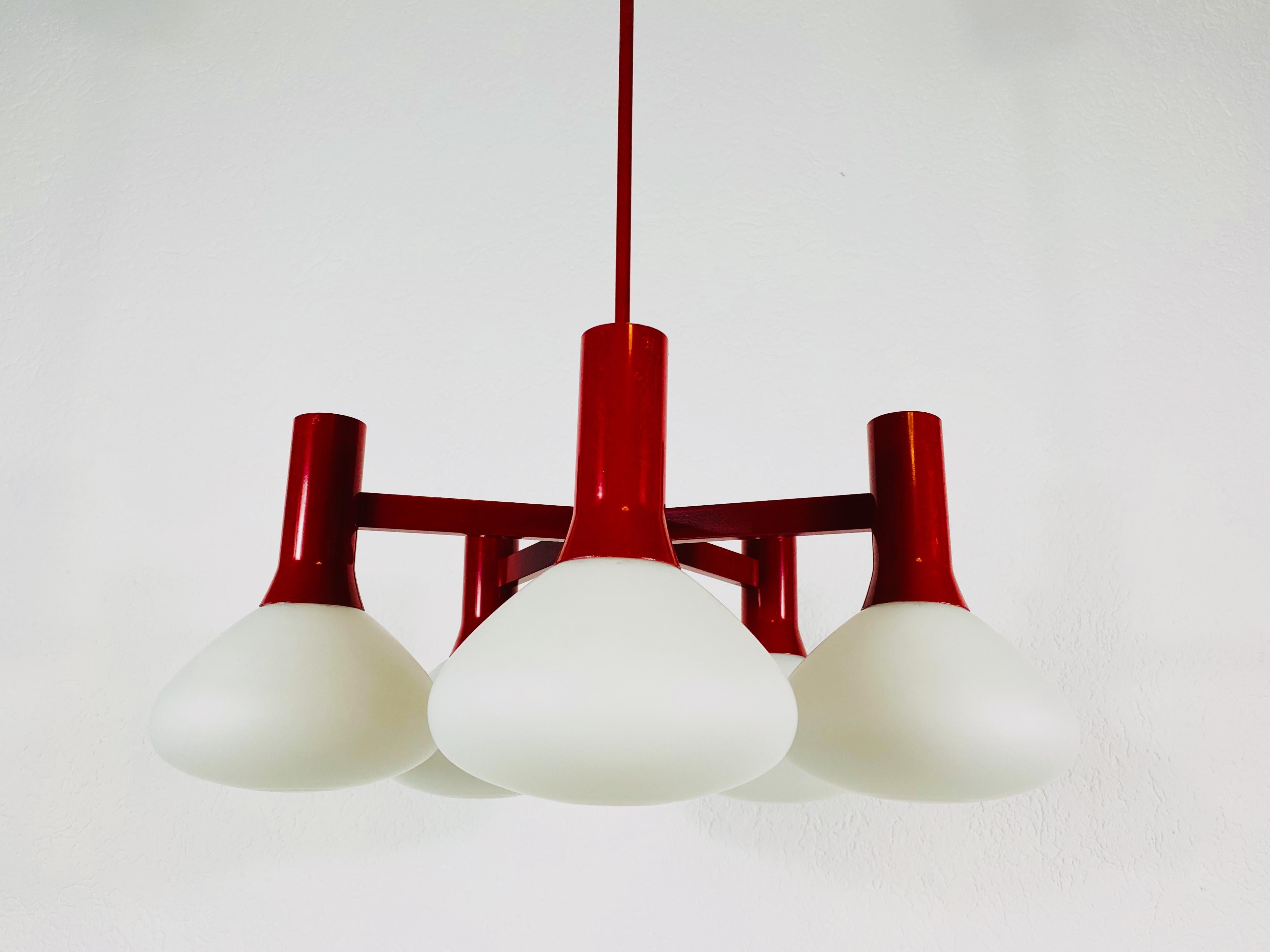 Metal Rare Kaiser Midcentury Red 5-Arm Space Age Chandelier, 1960s, Germany
