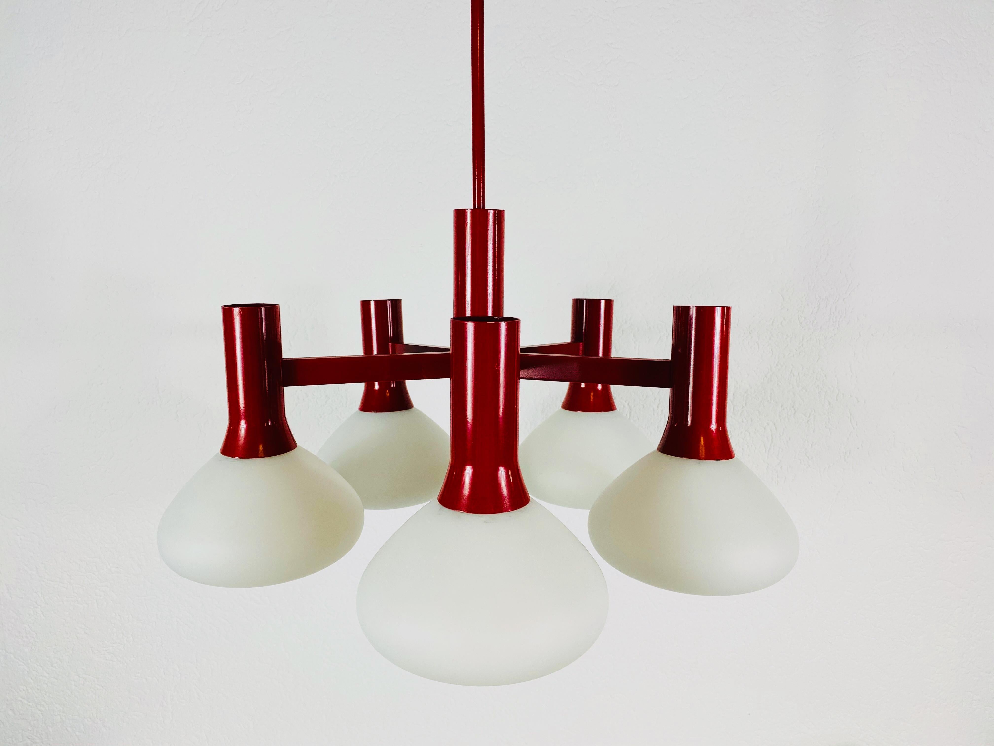 Rare Kaiser Midcentury Red 5-Arm Space Age Chandelier, 1960s, Germany 1