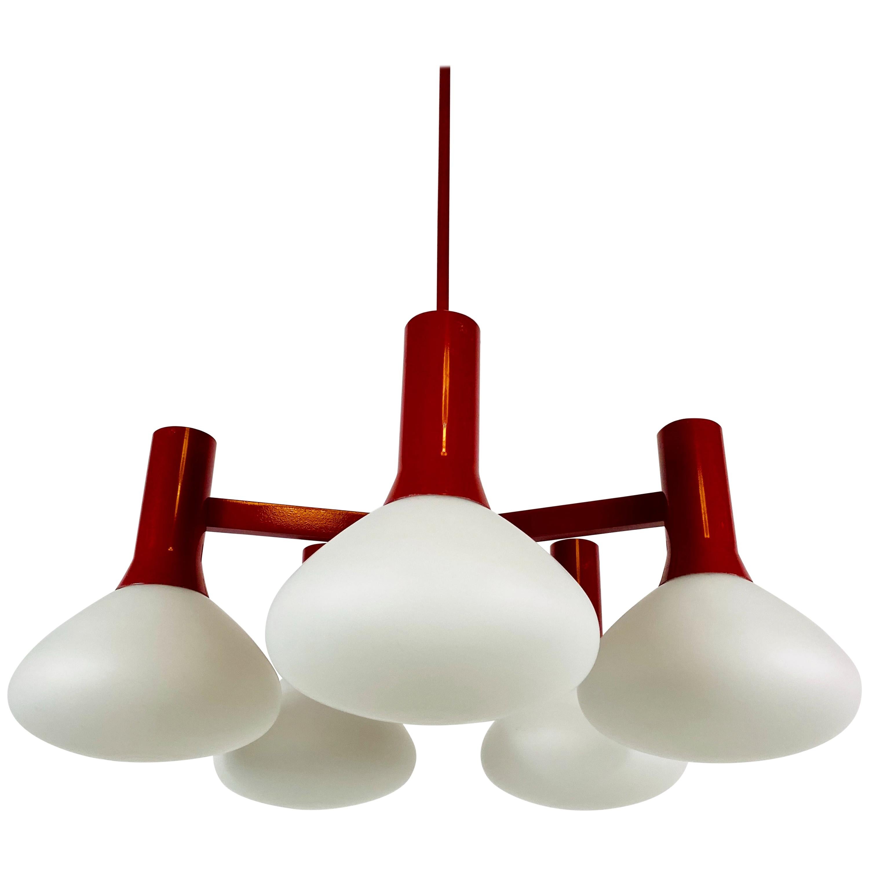 Rare Kaiser Midcentury Red 5-Arm Space Age Chandelier, 1960s, Germany