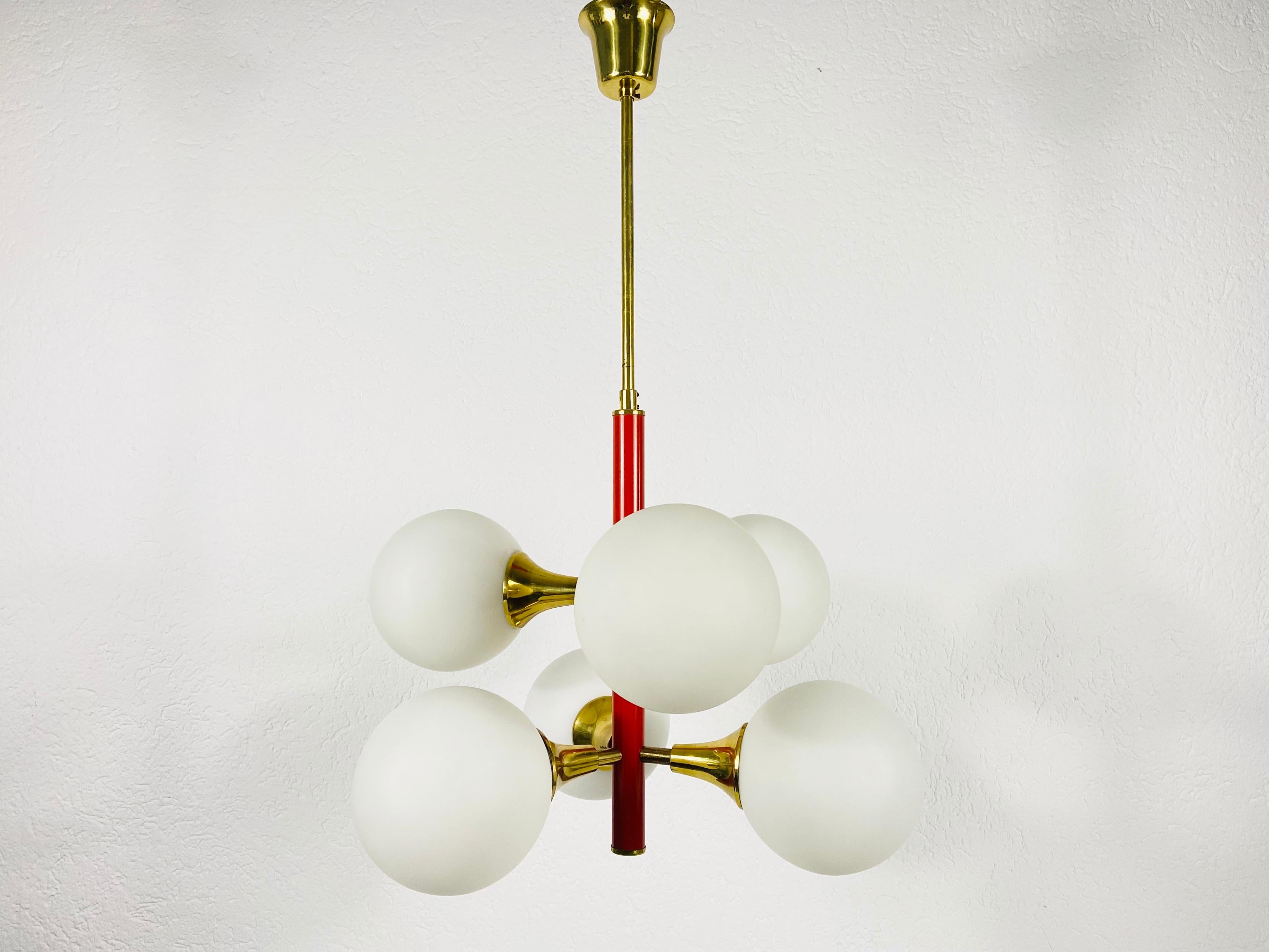 Mid-Century Modern Rare Kaiser Midcentury Red 6-Arm Space Age Chandelier, 1960s, Germany For Sale