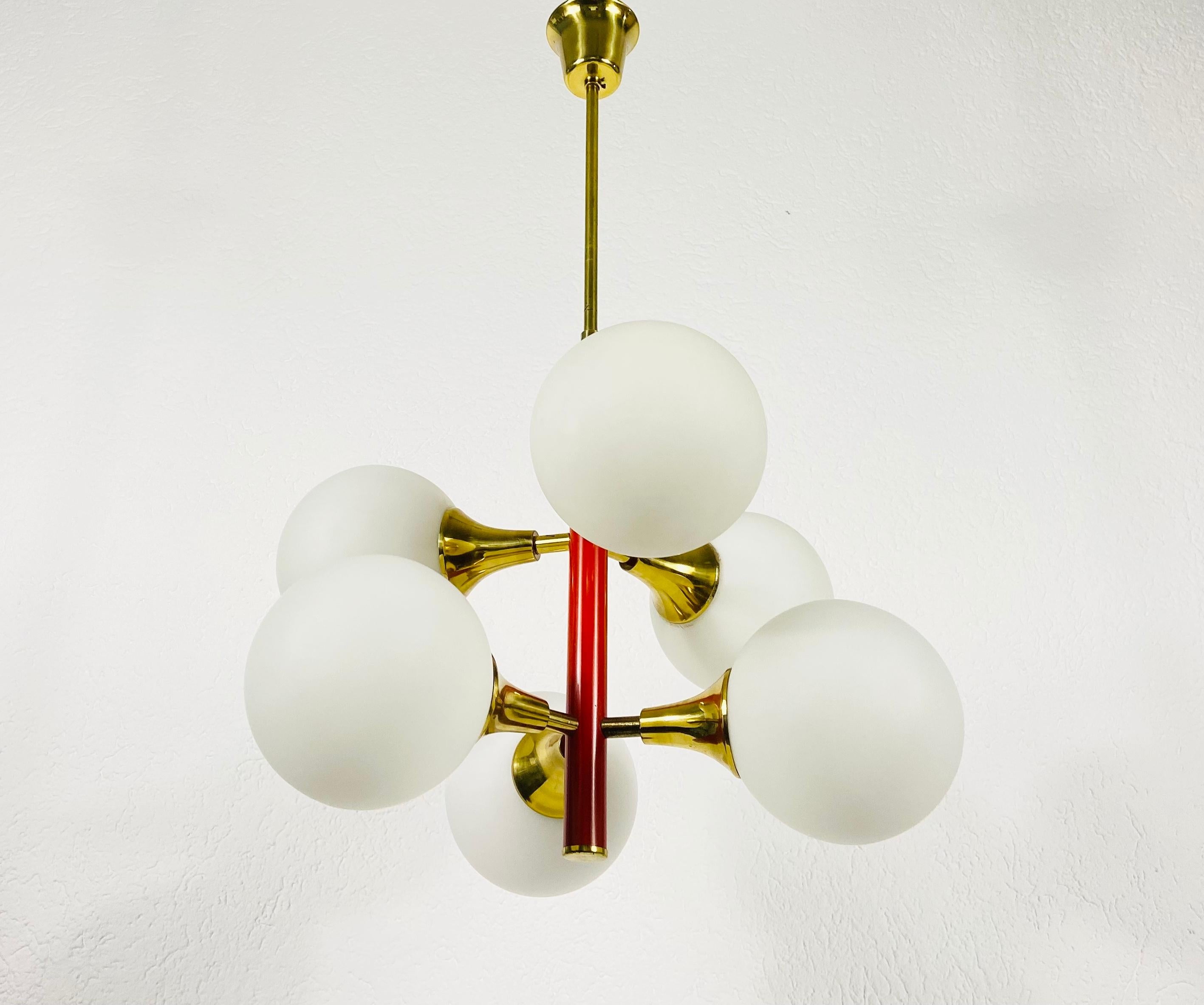 Mid-20th Century Rare Kaiser Midcentury Red 6-Arm Space Age Chandelier, 1960s, Germany For Sale