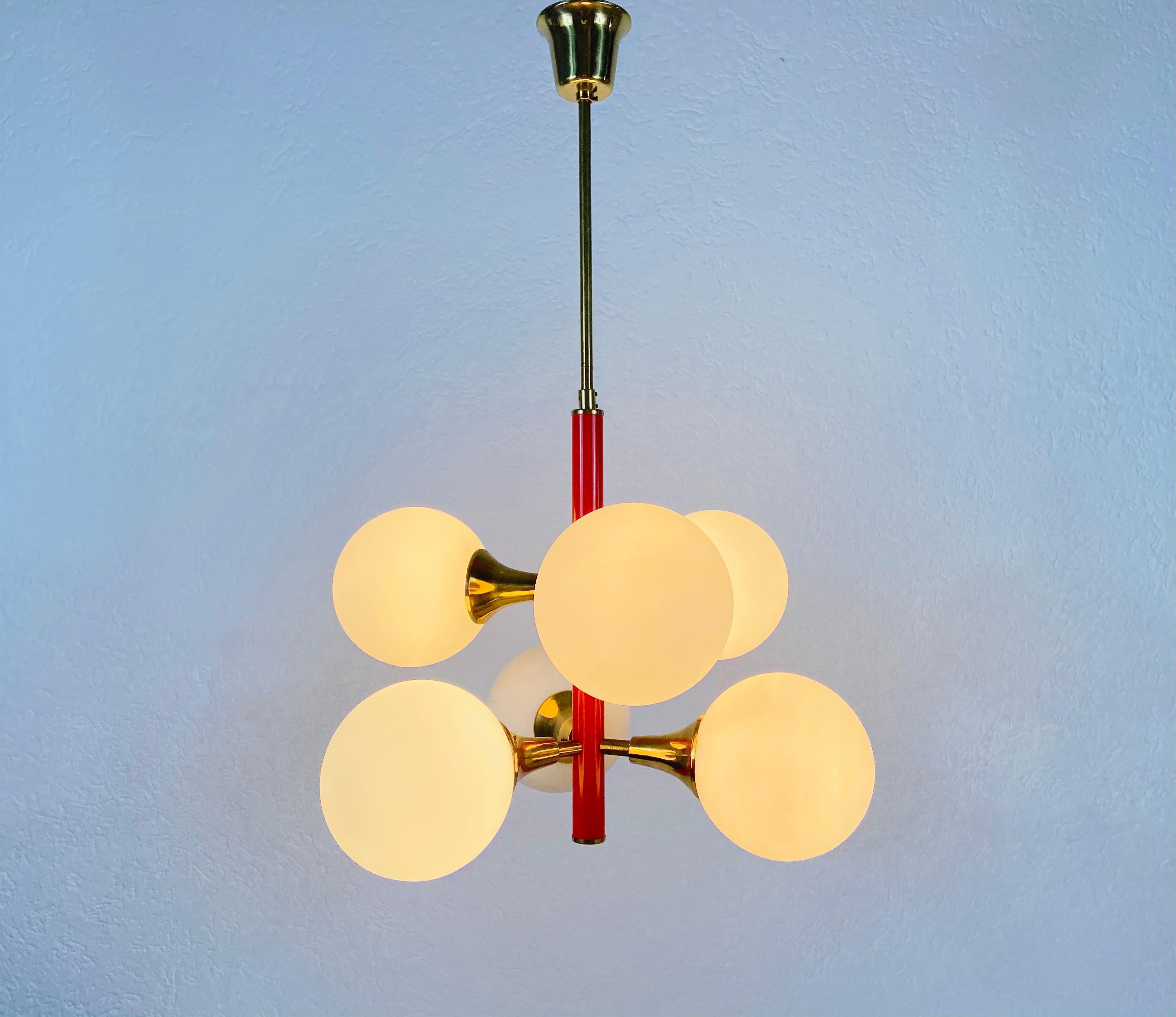 Metal Rare Kaiser Midcentury Red 6-Arm Space Age Chandelier, 1960s, Germany For Sale