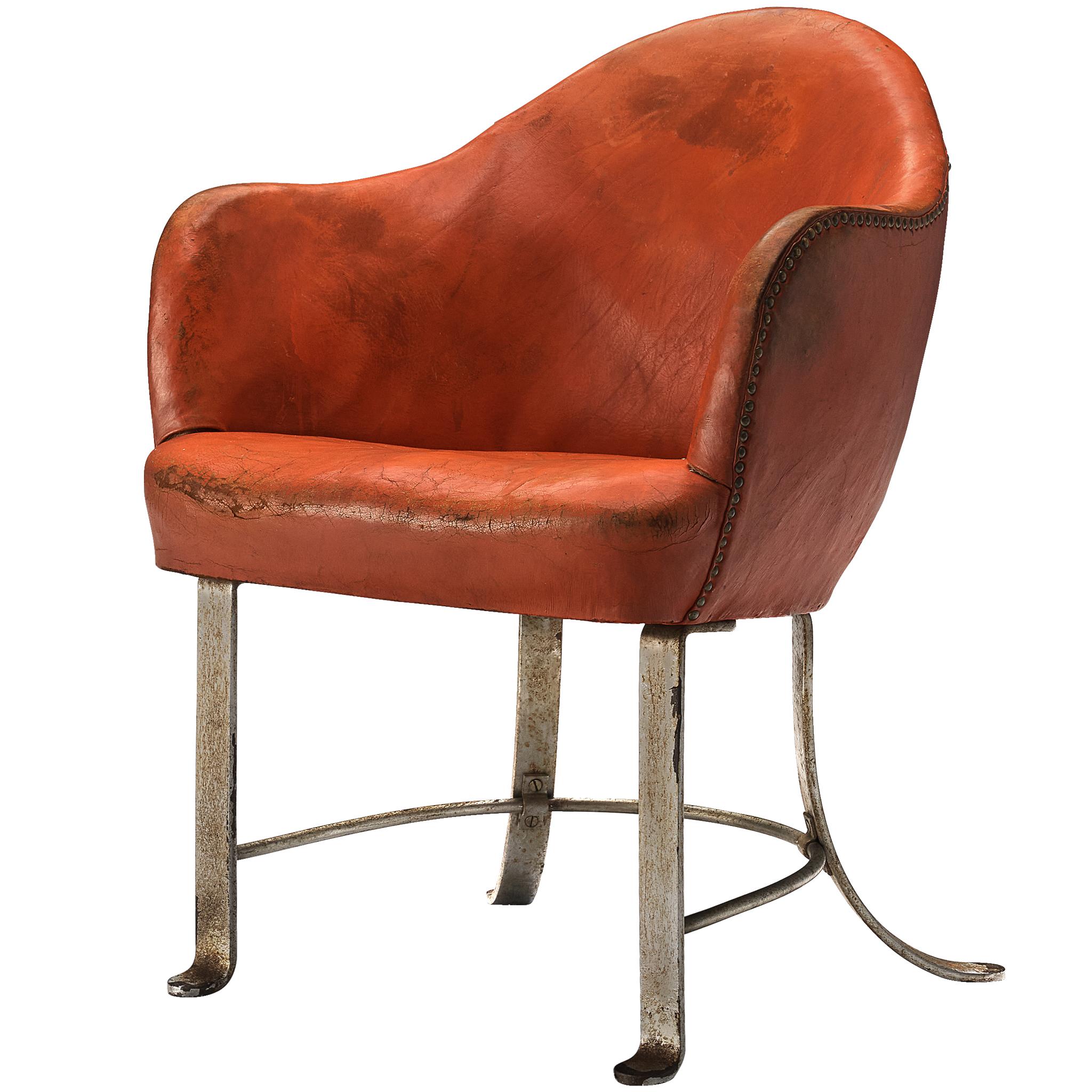 Seltener Kaj Gottlob Sessel in original rotem Leder und Stahl