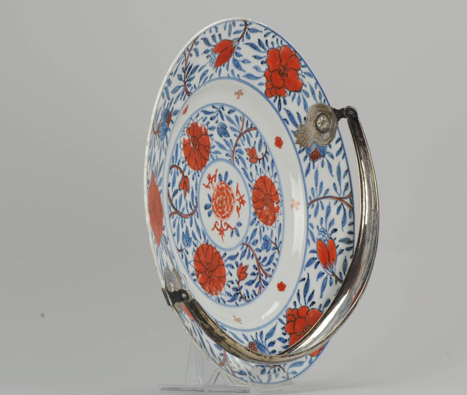 Porcelain Rare Kangxi Imari Plate with Silver Handle Floral Bonboniere Chinese Ring Marked For Sale