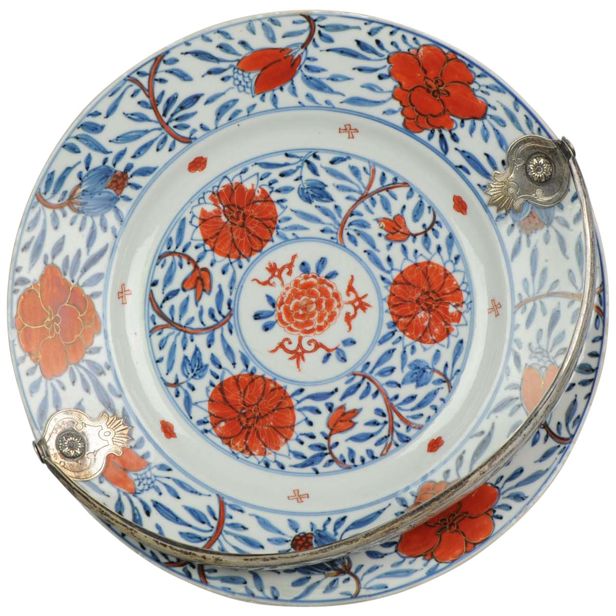Rare Kangxi Imari Plate with Silver Handle Floral Bonboniere Chinese Ring Marked For Sale