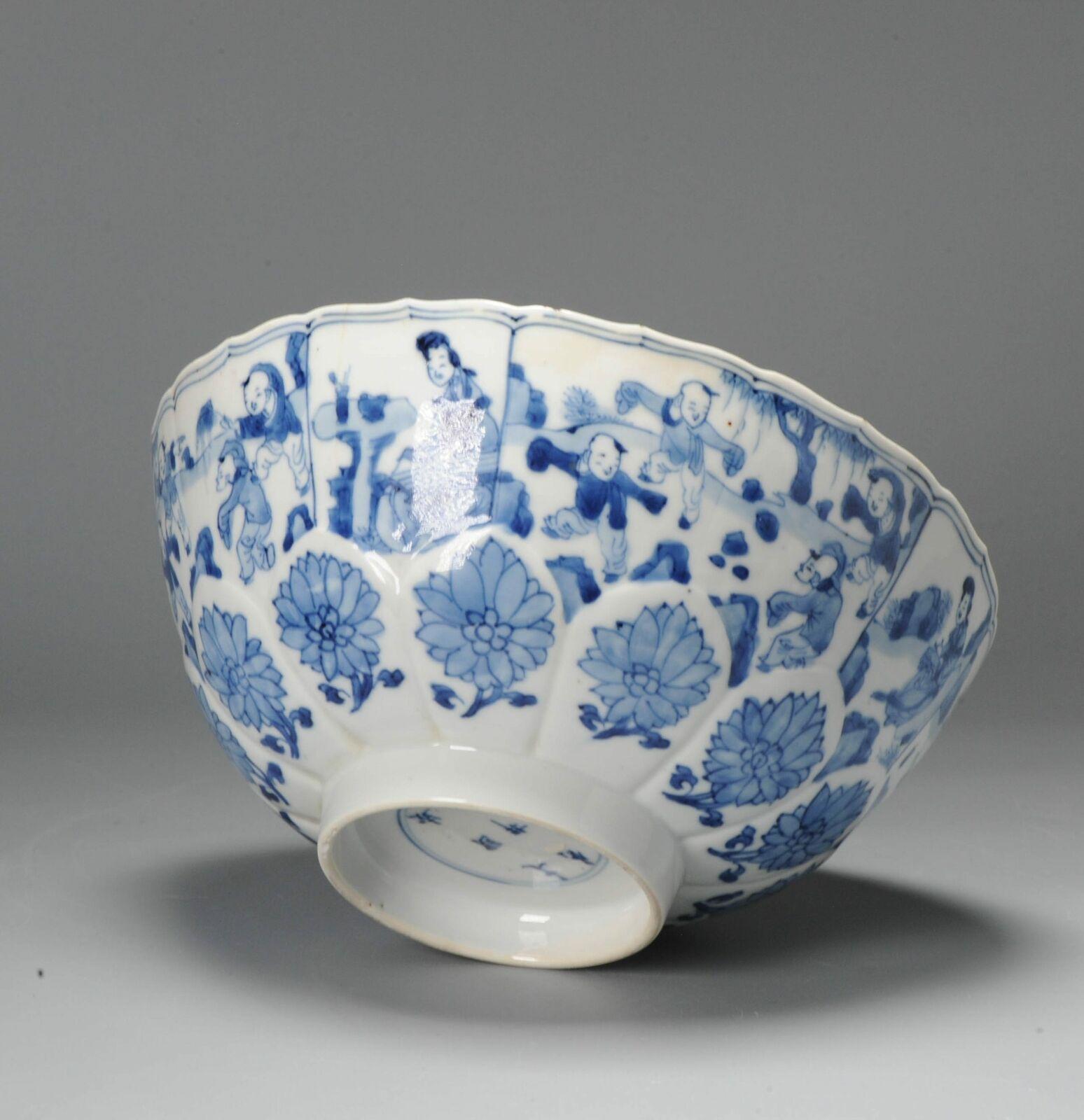 Rare Kangxi Porcelain Blue and White Bowl with Boys Playing and Ladies ...