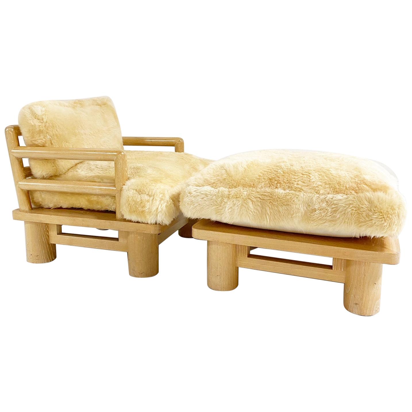 Rare Karl Springer Dowelwood Lounge Chair and Ottoman with Sheepskin Cushions